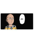 32x16 inches anime mouse pad featuring a minimalist Saitama design with OK speech bubble on black.