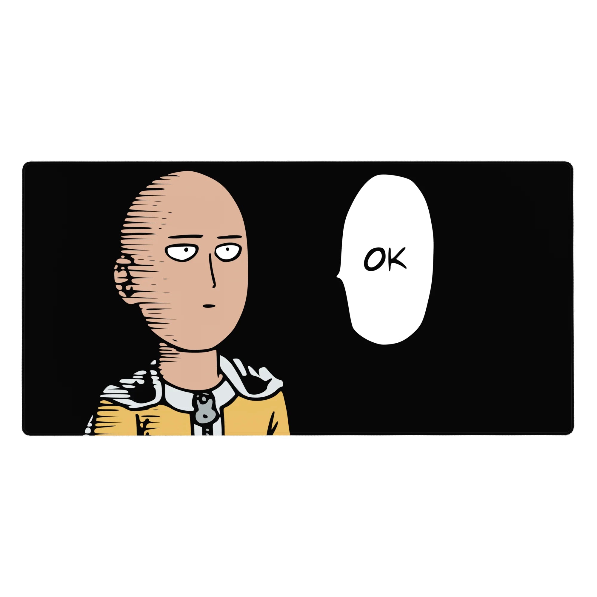 Minimalist Saitama OK speech bubble anime desk pad, black background, 40x20 inches.