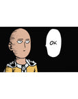Minimalist Saitama OK speech bubble anime desk pad, black background, 40x20 inches.