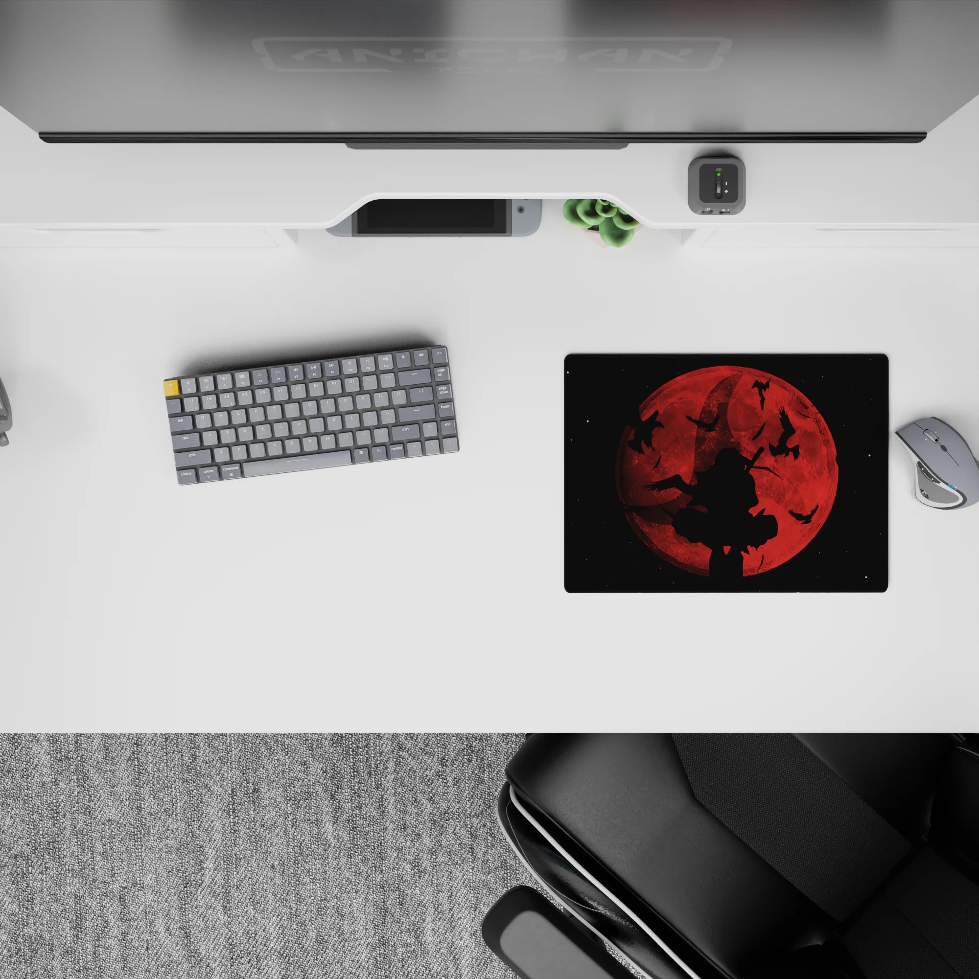 Moody dark fantasy anime mouse pad 14x10 inches in deep reds fading to smoky black, cozy cinematic vibe.