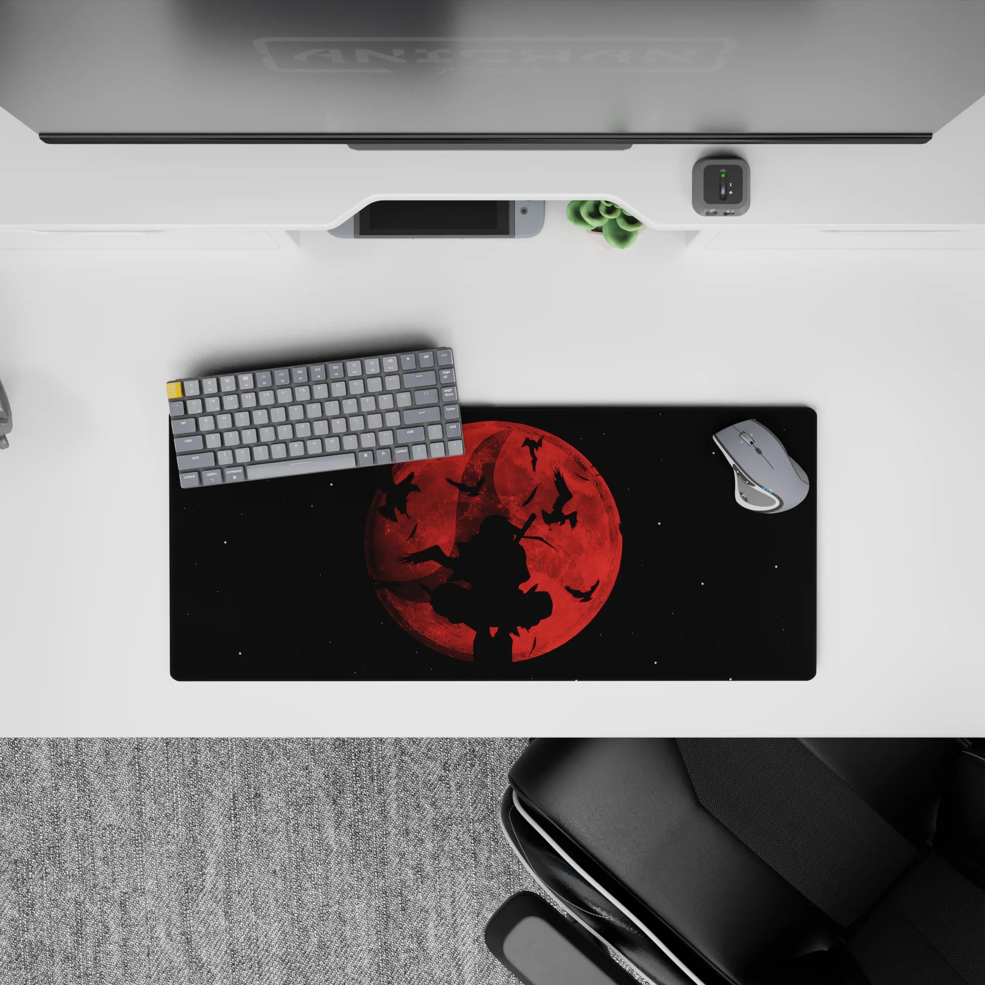 Moody red-and-black anime mouse pad 28x12 inches, smoky gradients, cinematic late-night vibe.