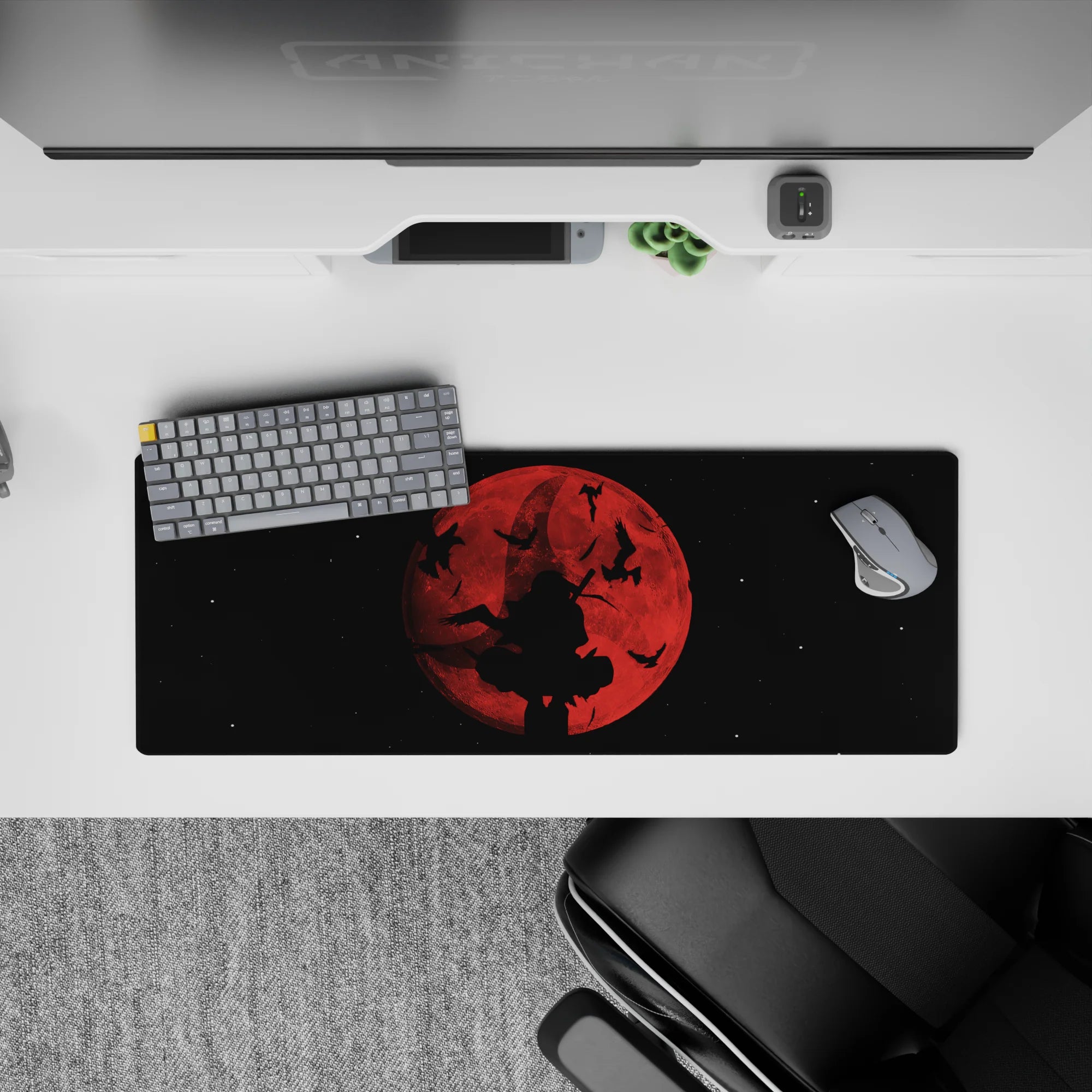 Moody red-to-smoky black anime mouse pad 32x12 inches, dark fantasy vibe with sharp contrast.