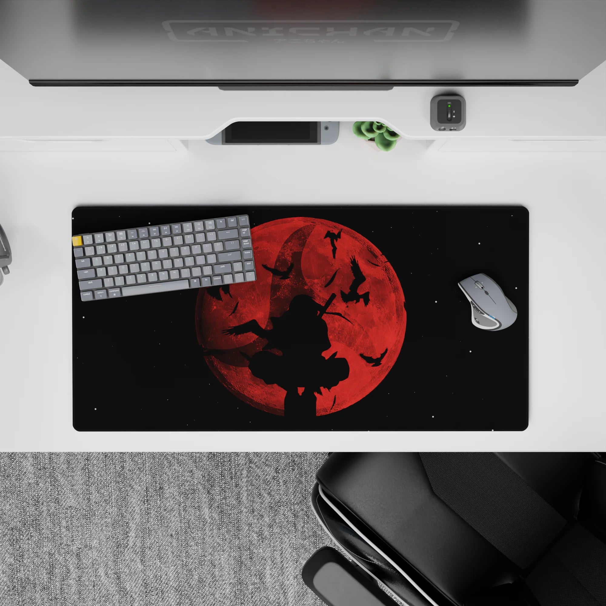 Moody red-and-black anime mouse pad 32x16 inches, smoky dark fantasy night sky vibe for gaming desk.