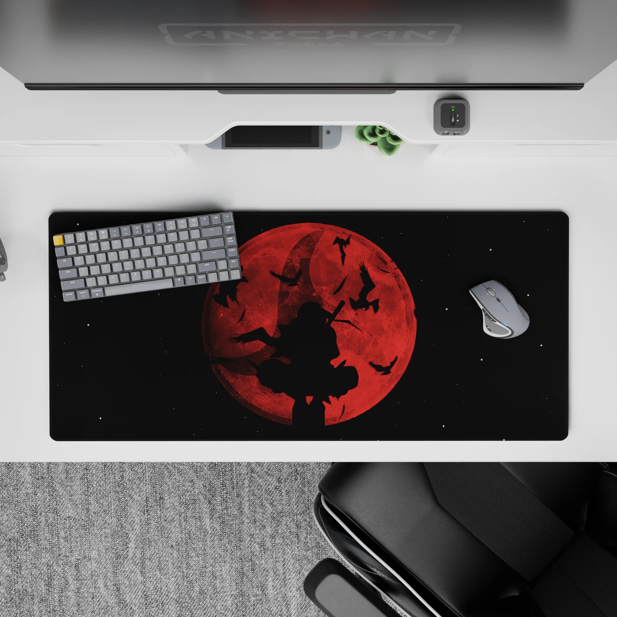 Moody red-to-black anime desk pad 36x16 inches, dark fantasy vibe with smoky shadows and stark contrast.