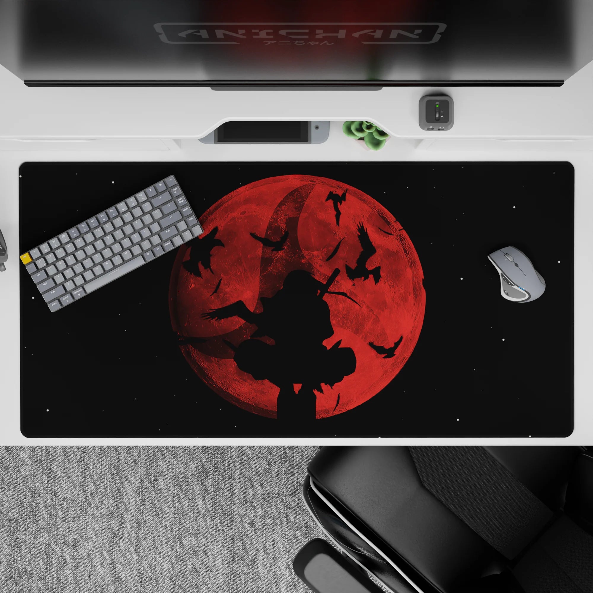 Moody dark fantasy anime desk pad 40x20 inches in deep reds fading to smoky black, cinematic and cozy.