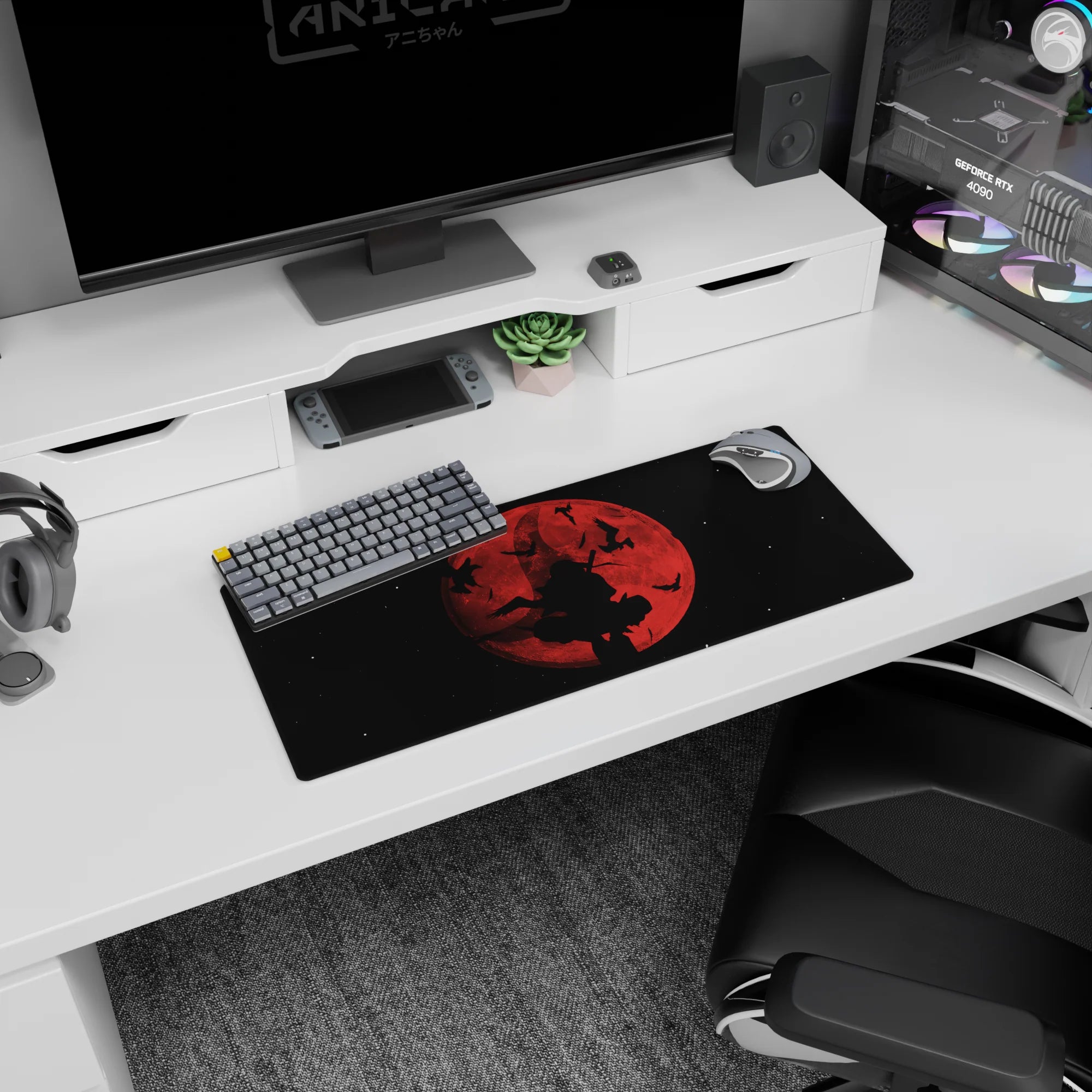 Lone swordsman under a huge red moon with birds in a starry sky, anime mouse pad 28x12 inches.