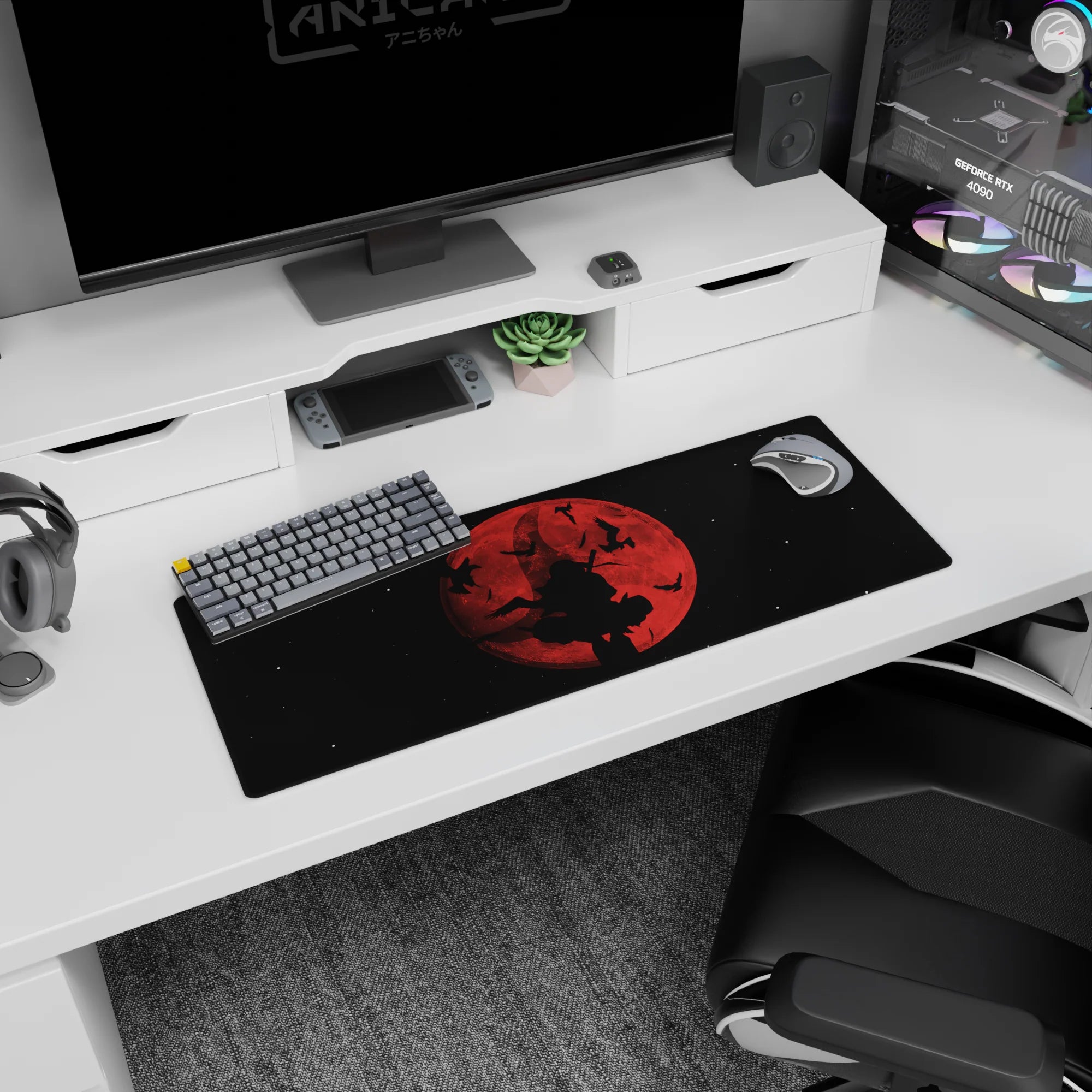 Silhouette swordsman under a huge red moon with ink-like birds, anime mouse pad 32x12 inches.
