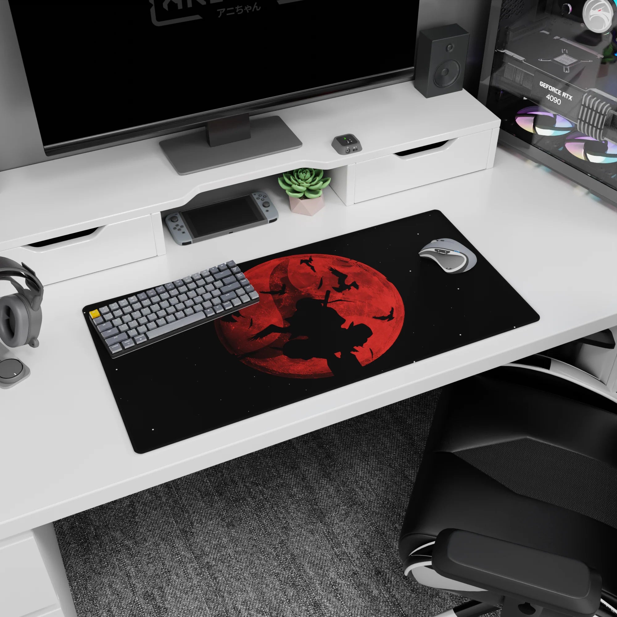 Silent sword wielder under a huge crimson moon anime mouse pad 32x16 inches, birds streaking past.