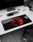 Silent sword wielder under a huge crimson moon anime mouse pad 32x16 inches, birds streaking past.