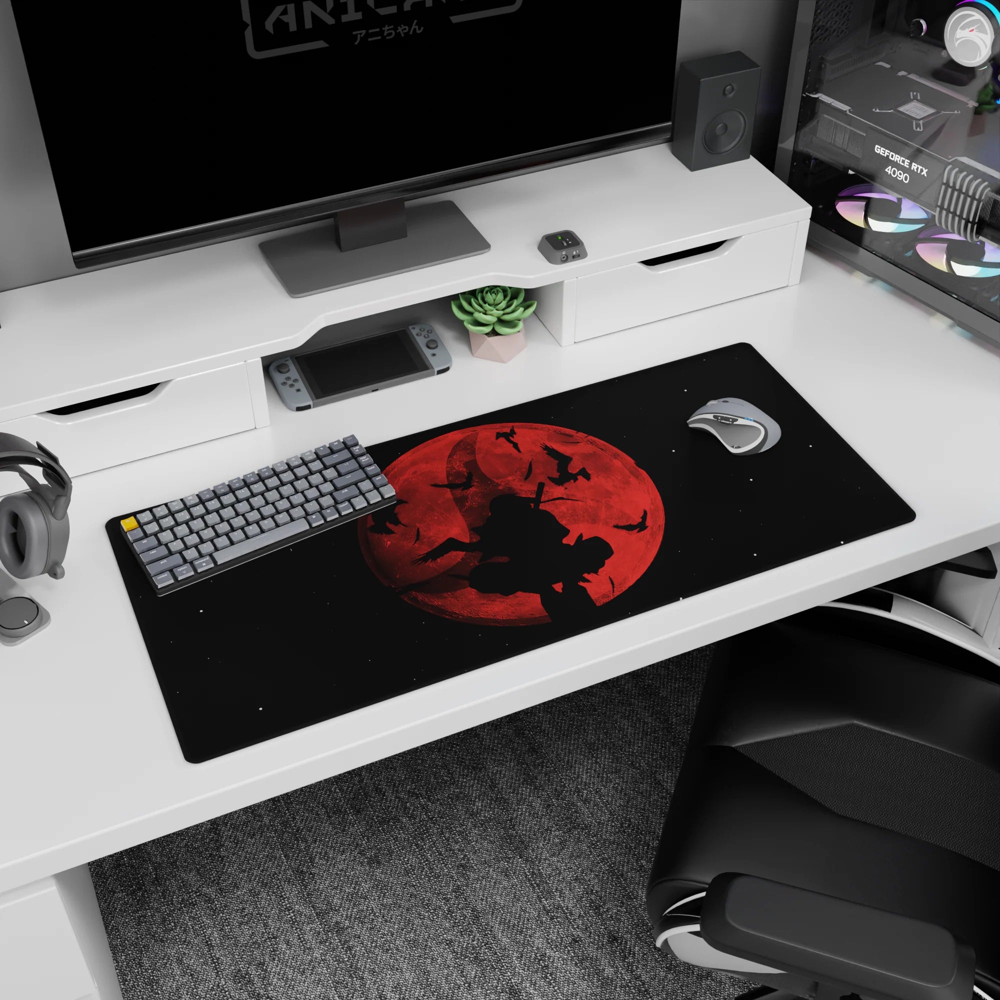 Silhouette swordsman under a huge crimson moon with birds in a starfield on an anime desk pad 36x16 inches.