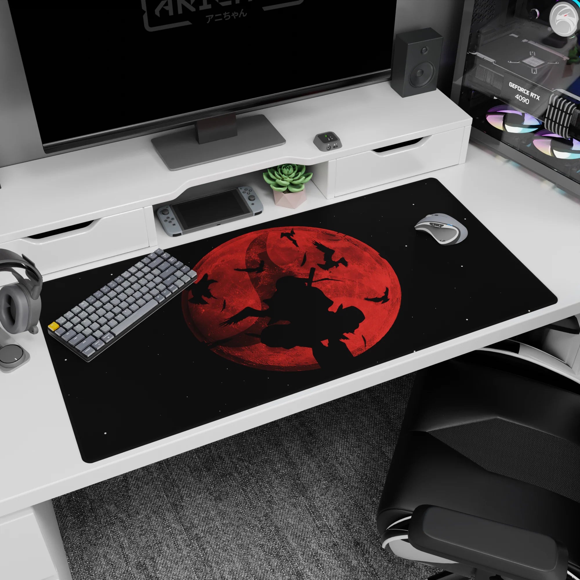 Silhouette sword wielder beneath a huge red moon with birds crossing the sky, anime desk pad 40x20 inches.