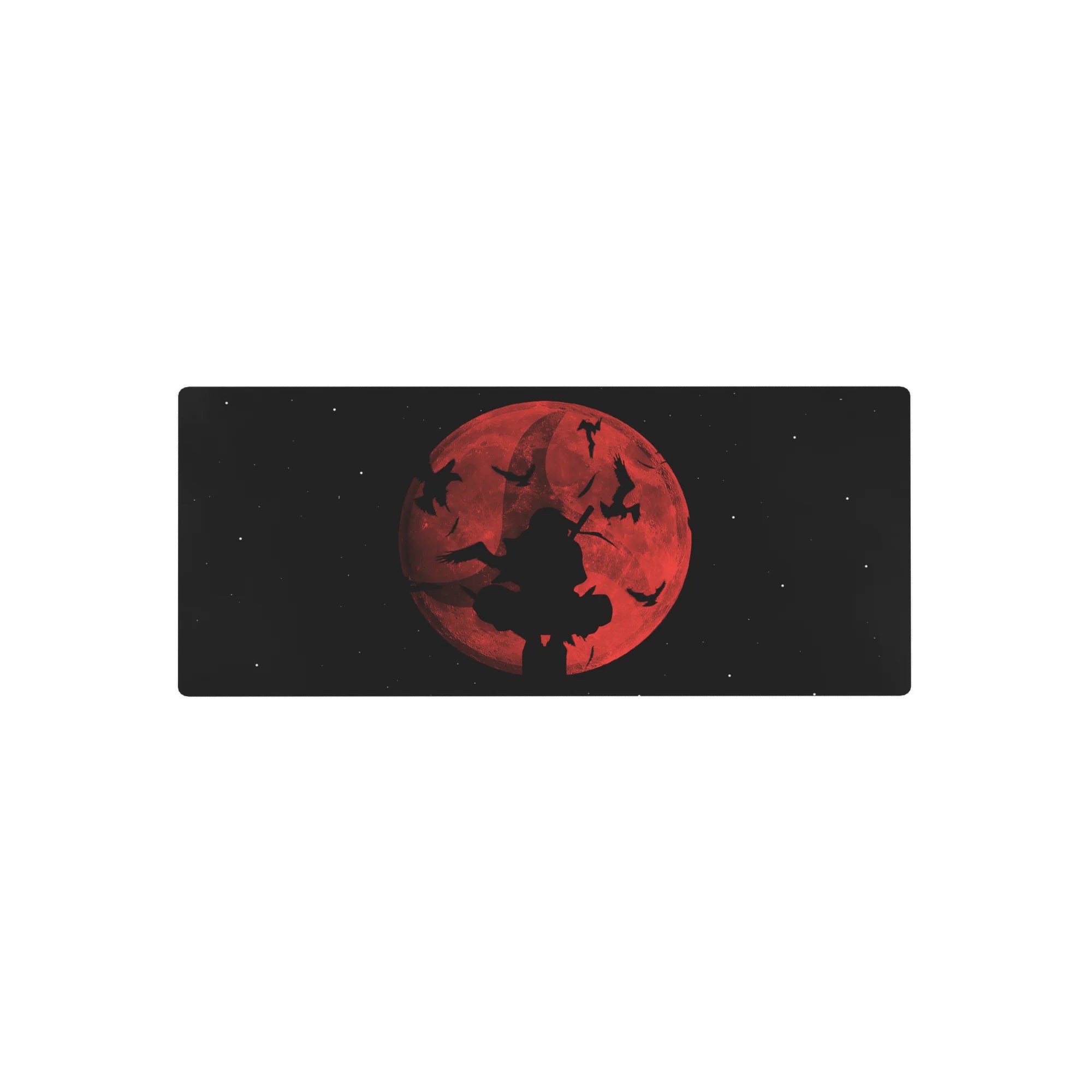 Dark fantasy anime mouse pad 28x12 inches with crimson moon, starfield, and sword silhouette.