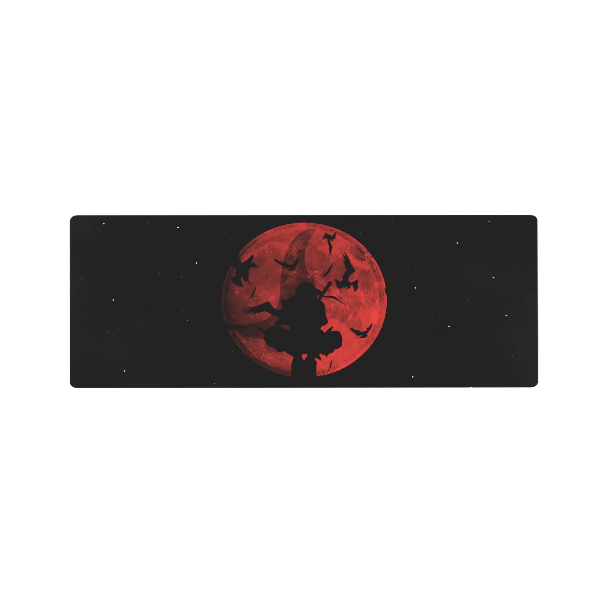 Anime mouse pad 32x12 inches with crimson moon over starfield and silhouetted sword wielder.