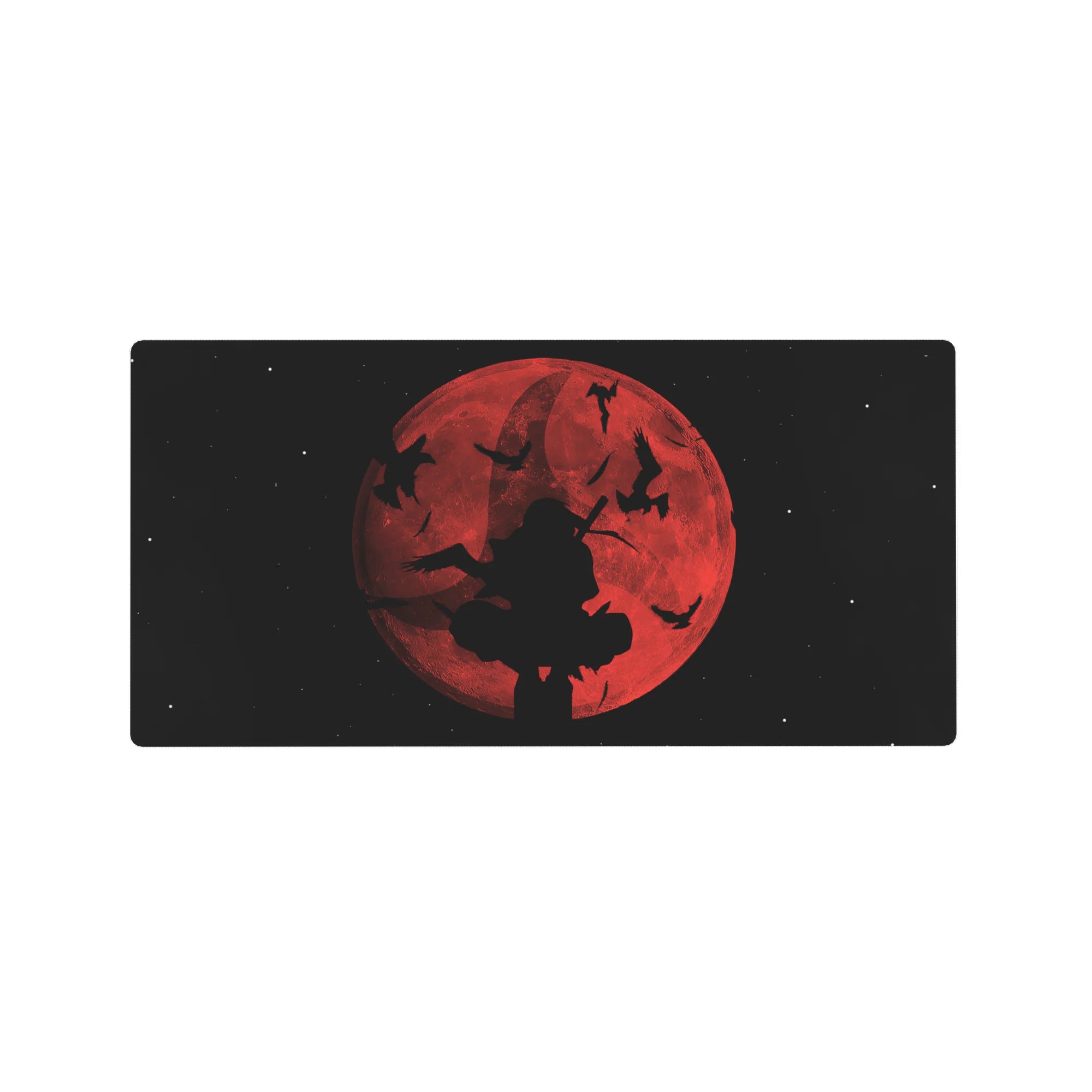 Crimson moon anime mouse pad 32x16 inches with silhouetted swordsman and ink-like birds over stars.