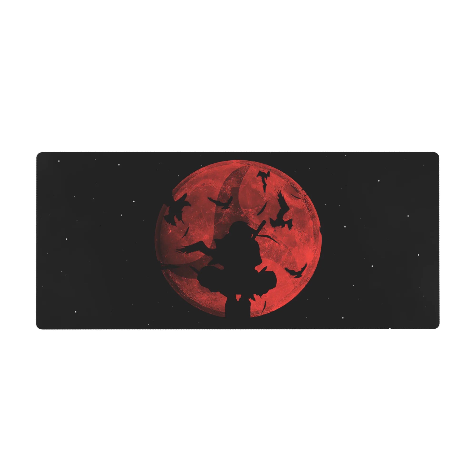 Anime desk pad 36x16 inches with crimson moon, starry sky, and silhouetted sword warrior, cinematic art.