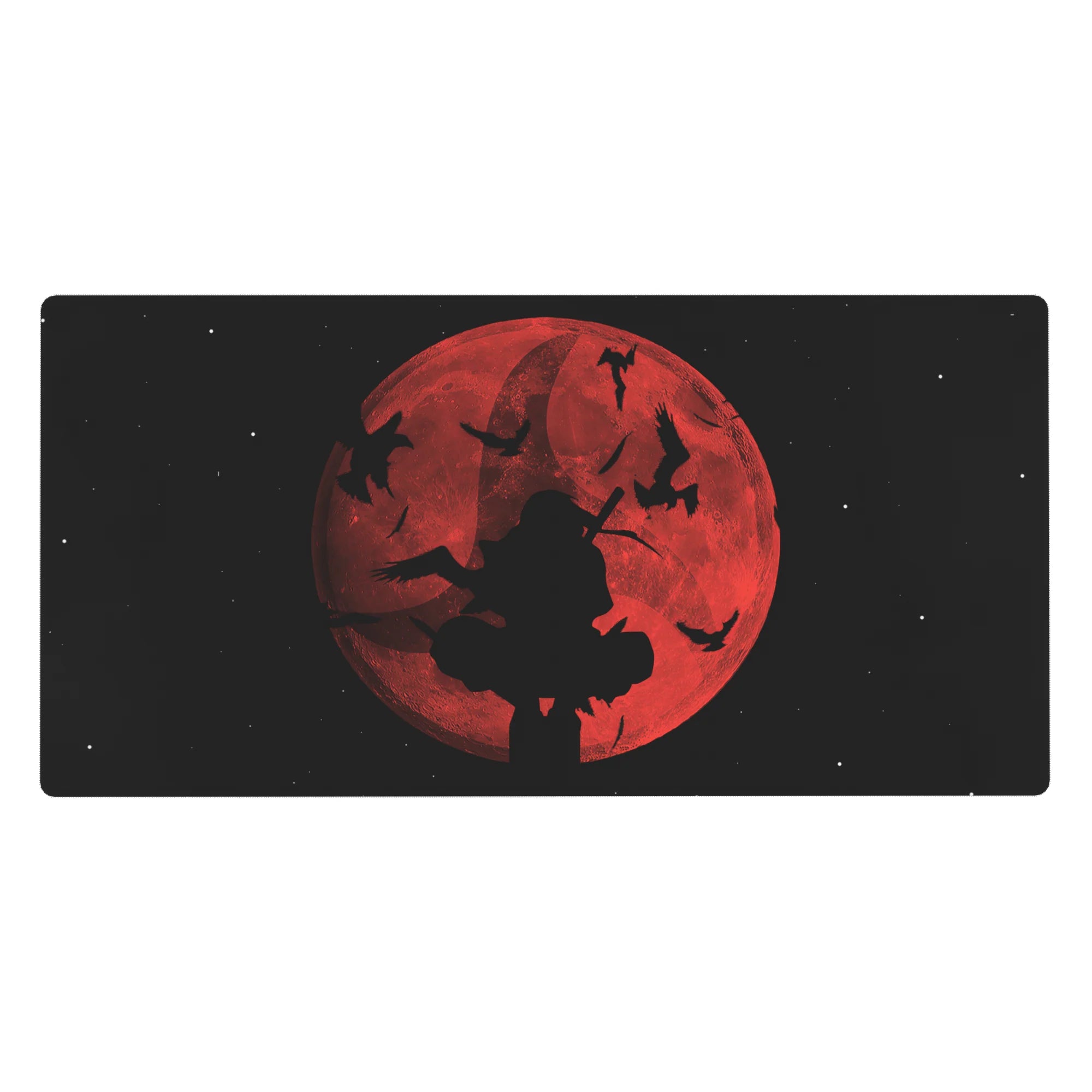 Anime desk pad 40x20 inches with crimson moon over starfield, silhouetted swordsman, and ink-like birds.