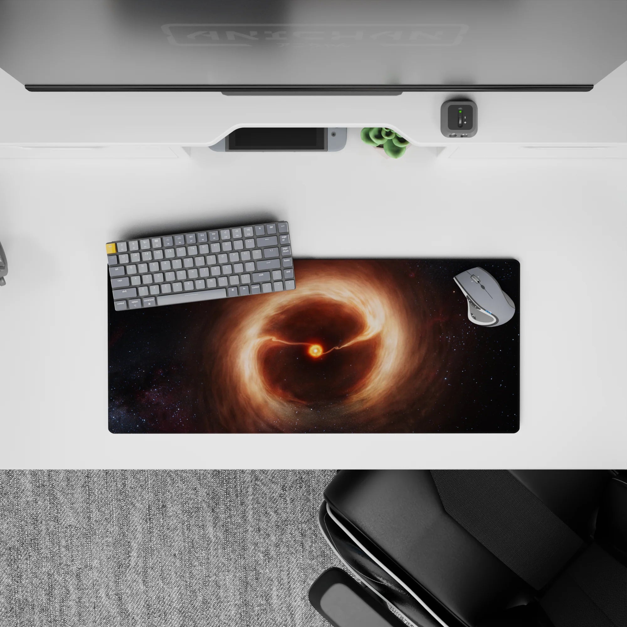 Warm orange glow mouse pad 28x12 inches in cozy browns and shadowy blacks for a calm, moody desk.