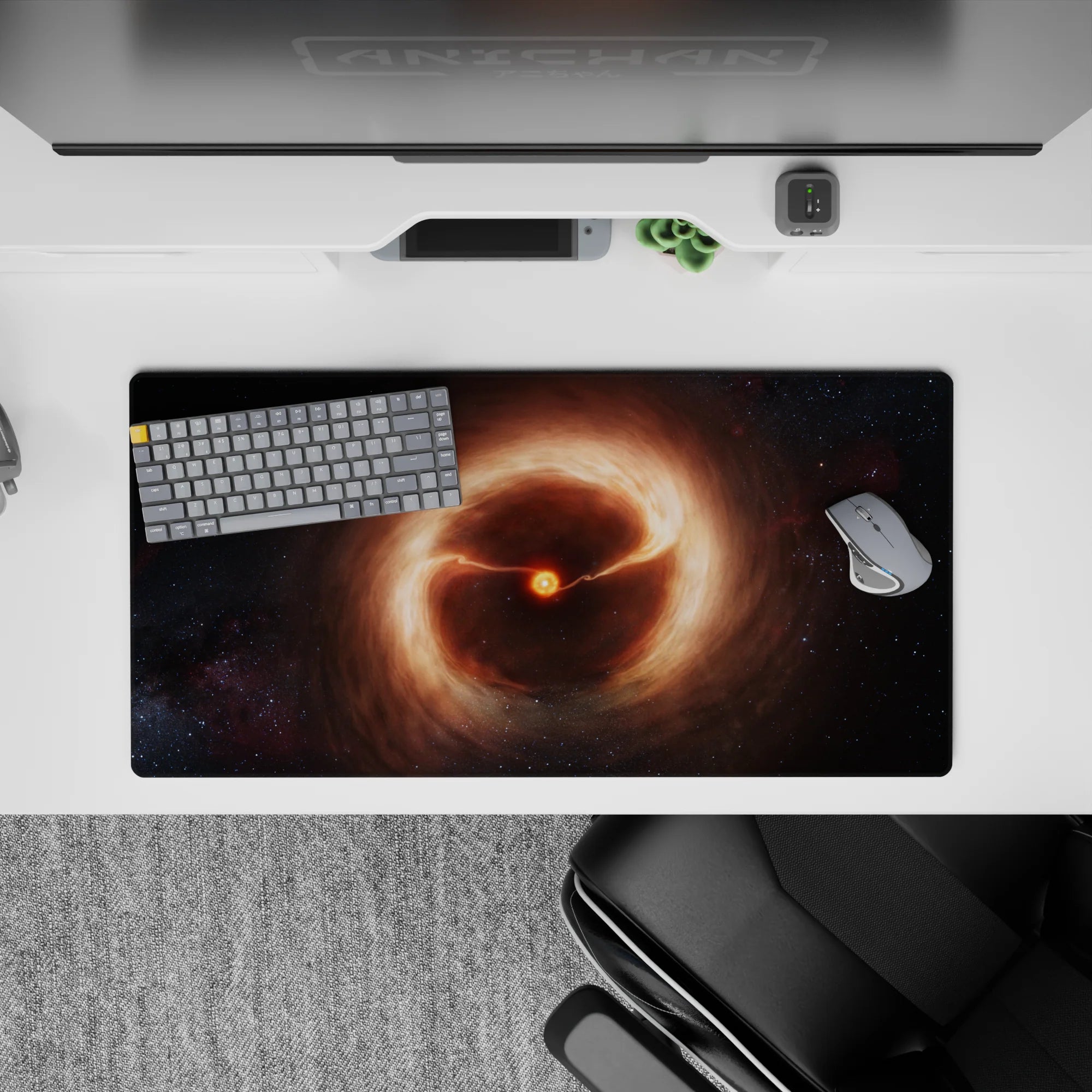 Warm orange glow mouse pad 32x16 inches in soft browns and shadowy blacks for a cozy, mysterious desk vibe.