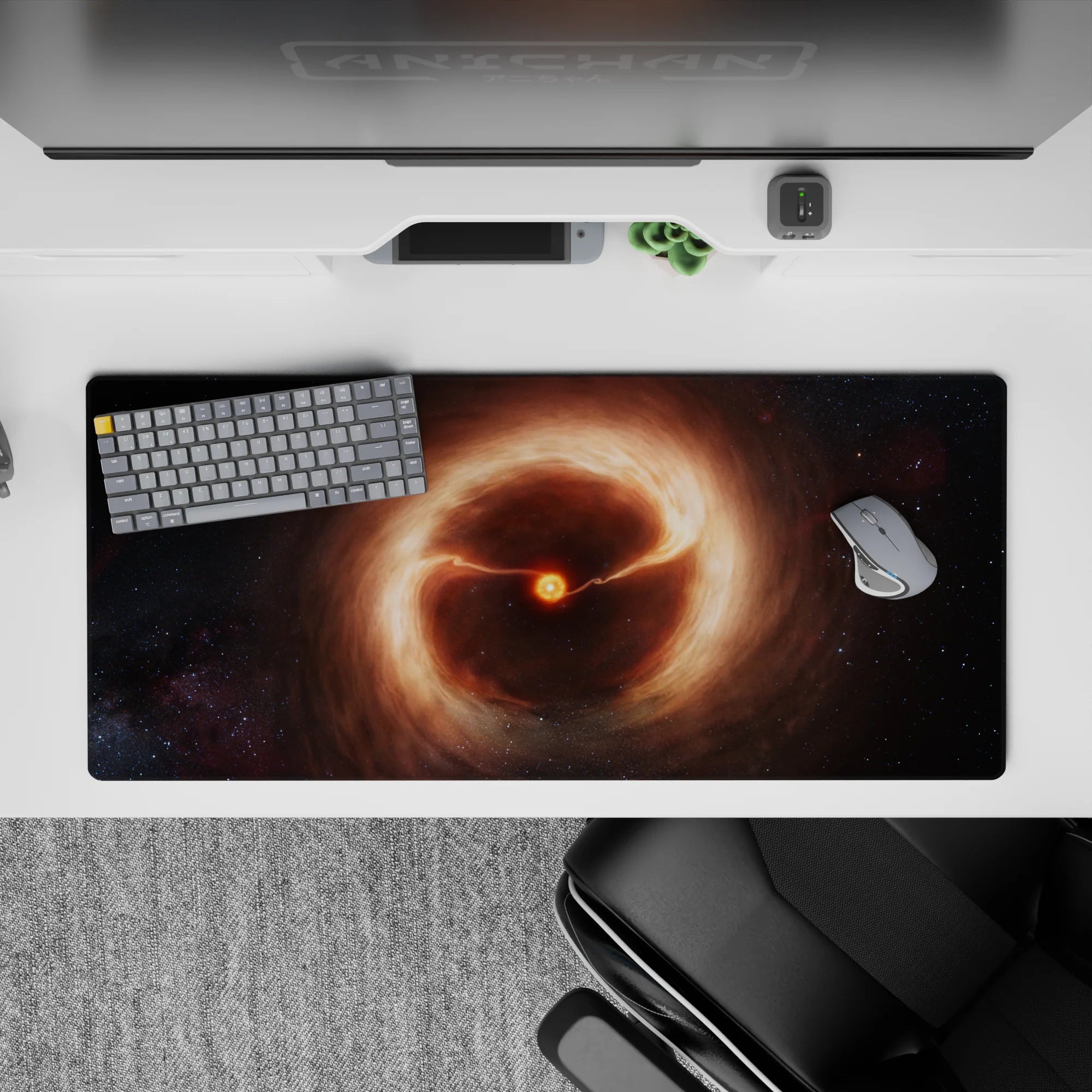 Cozy chaos desk pad 36x16 inches in warm orange glow, soft browns, and shadowy blacks.