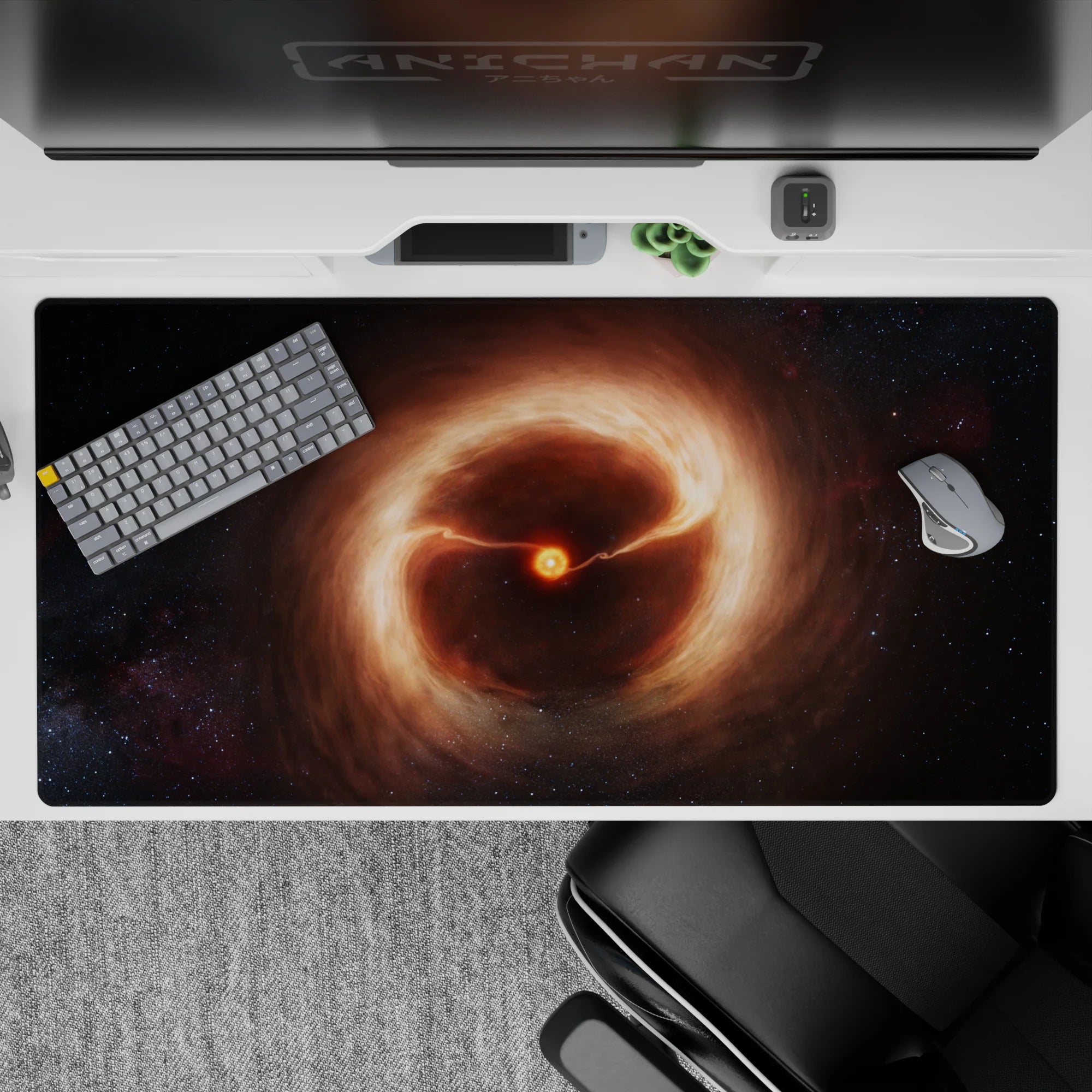 Warm orange glow desk pad 40x20 inches in cozy smoky browns and shadowy blacks, calm and mysterious.