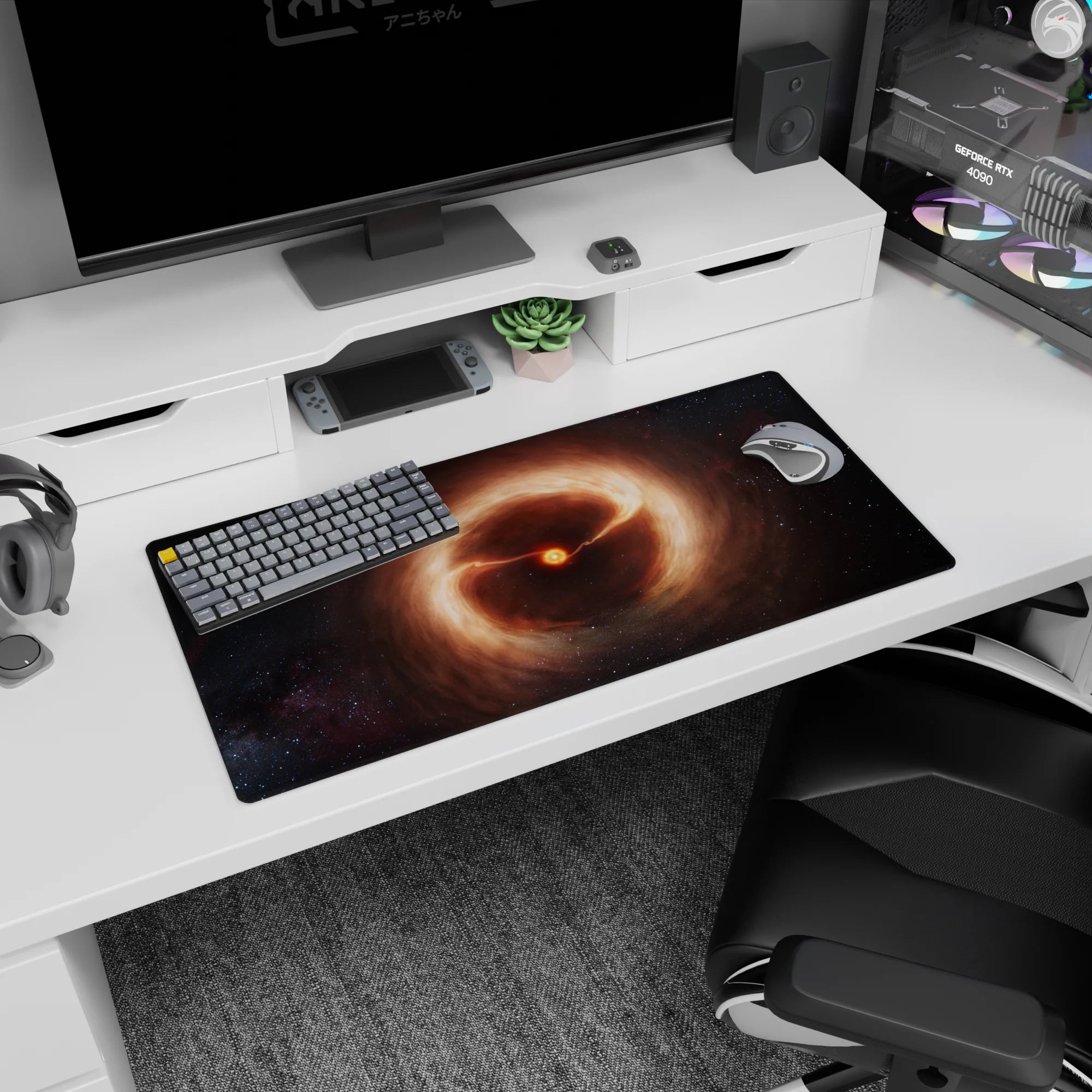 Tiny burning star in amber clouds mouse pad 32x16 inches, set against a deep black space background.