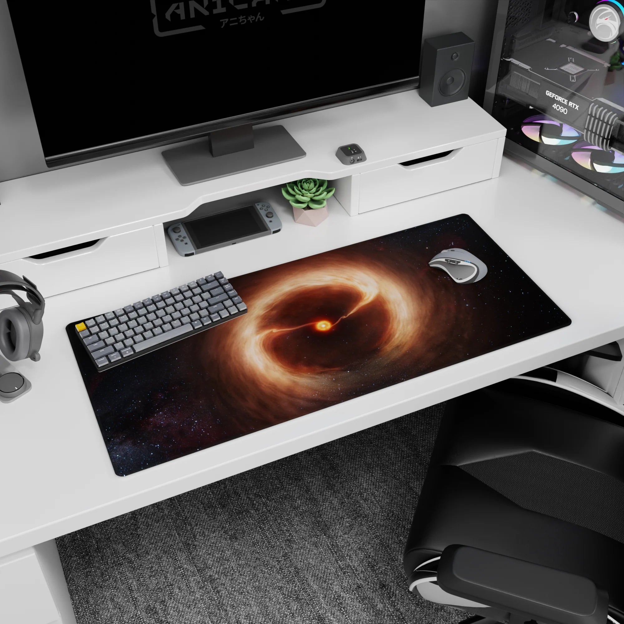 Tiny burning star in amber clouds on space backdrop desk pad 36x16 inches with faint lights.