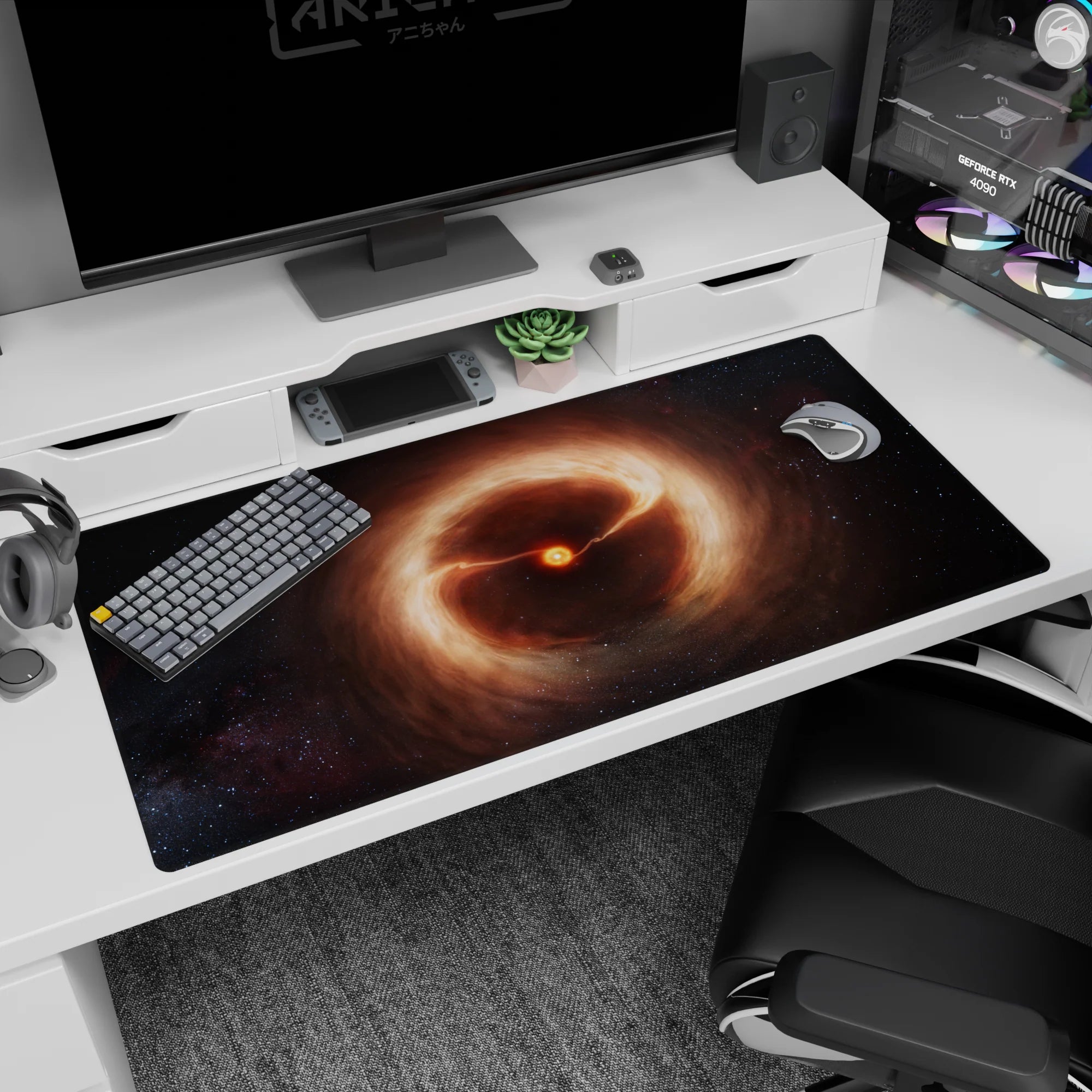 Tiny burning star desk pad 40x20 inches surrounded by curling amber clouds and faint space lights.