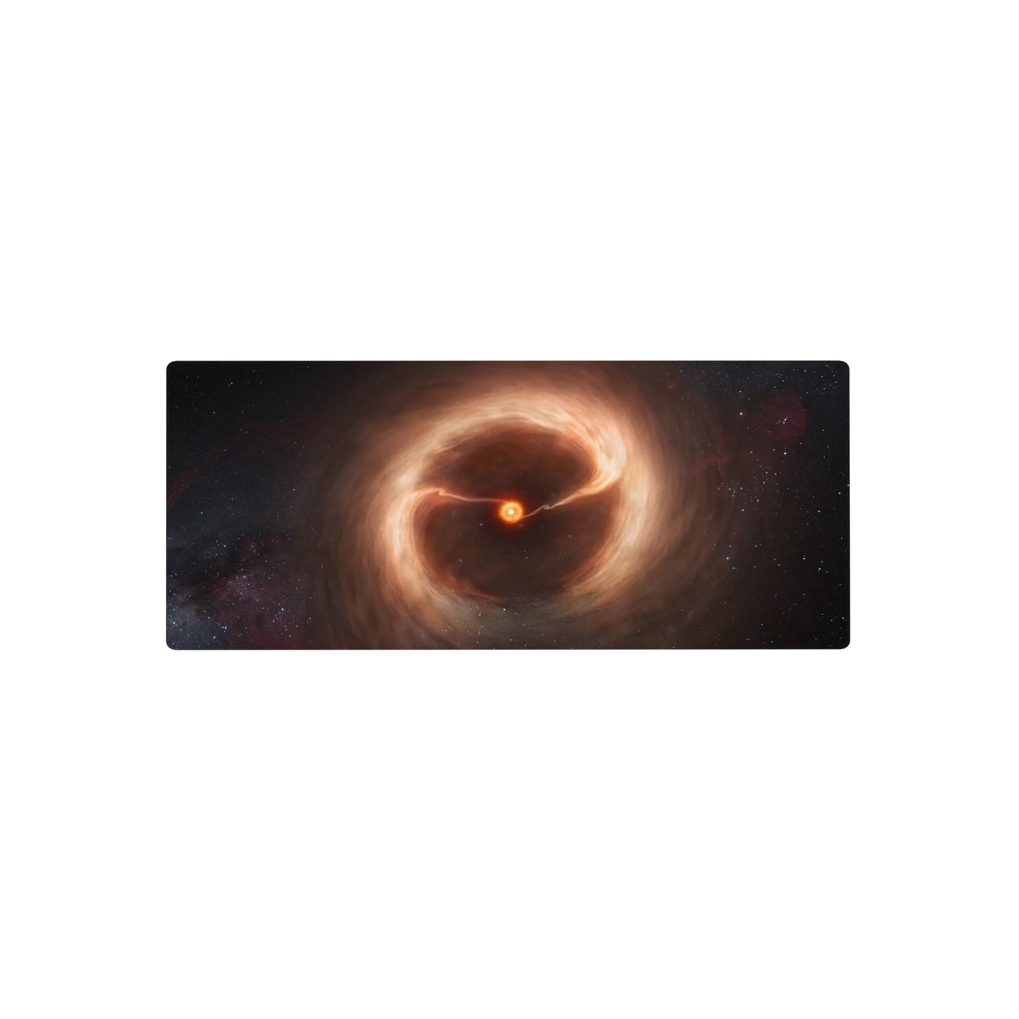 Galaxy swirl desk mouse pad 28x12 inches with smoky amber clouds on a deep inky space background.