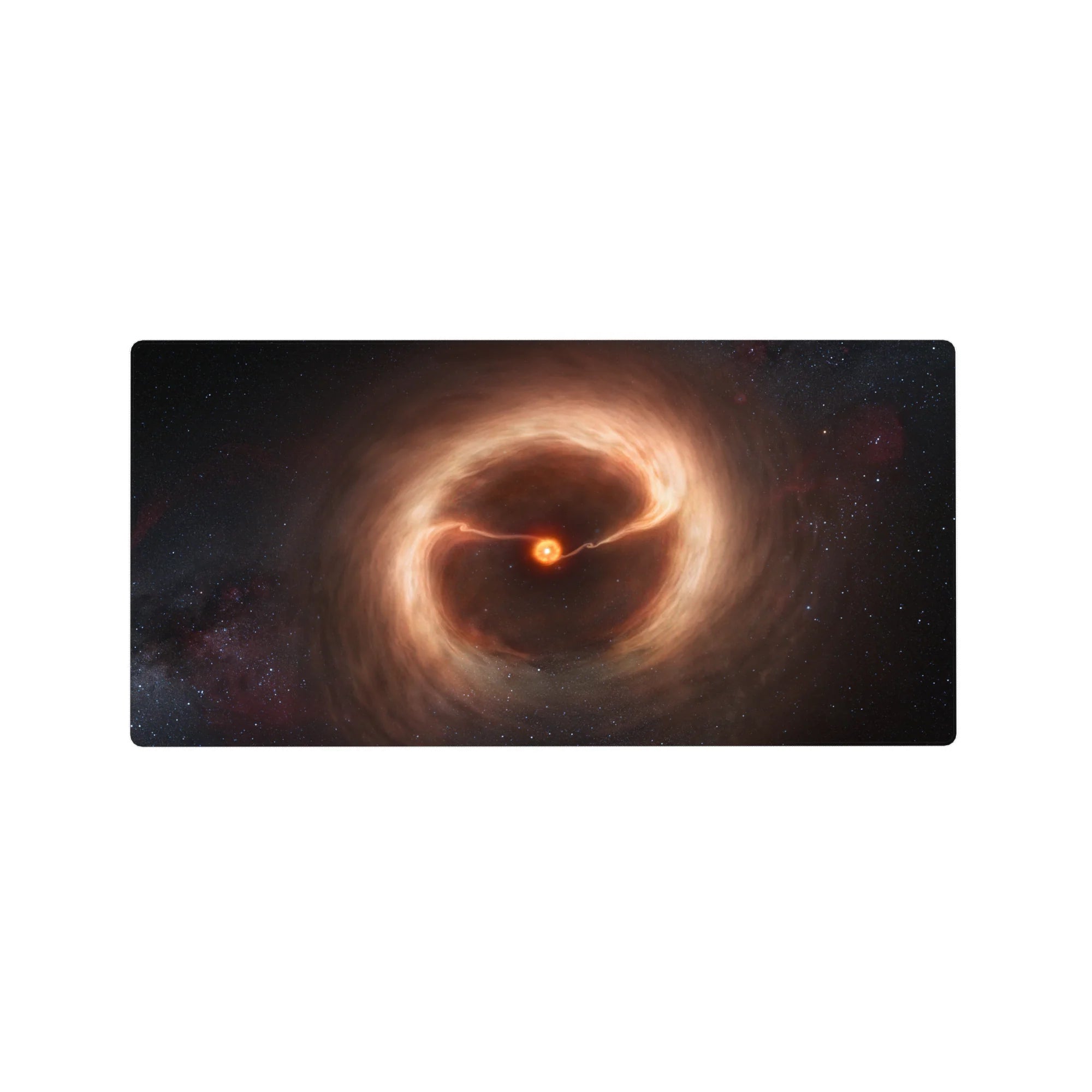 Galaxy swirl mouse pad 32x16 inches with smoky amber clouds and inky space speckled with faint stars.