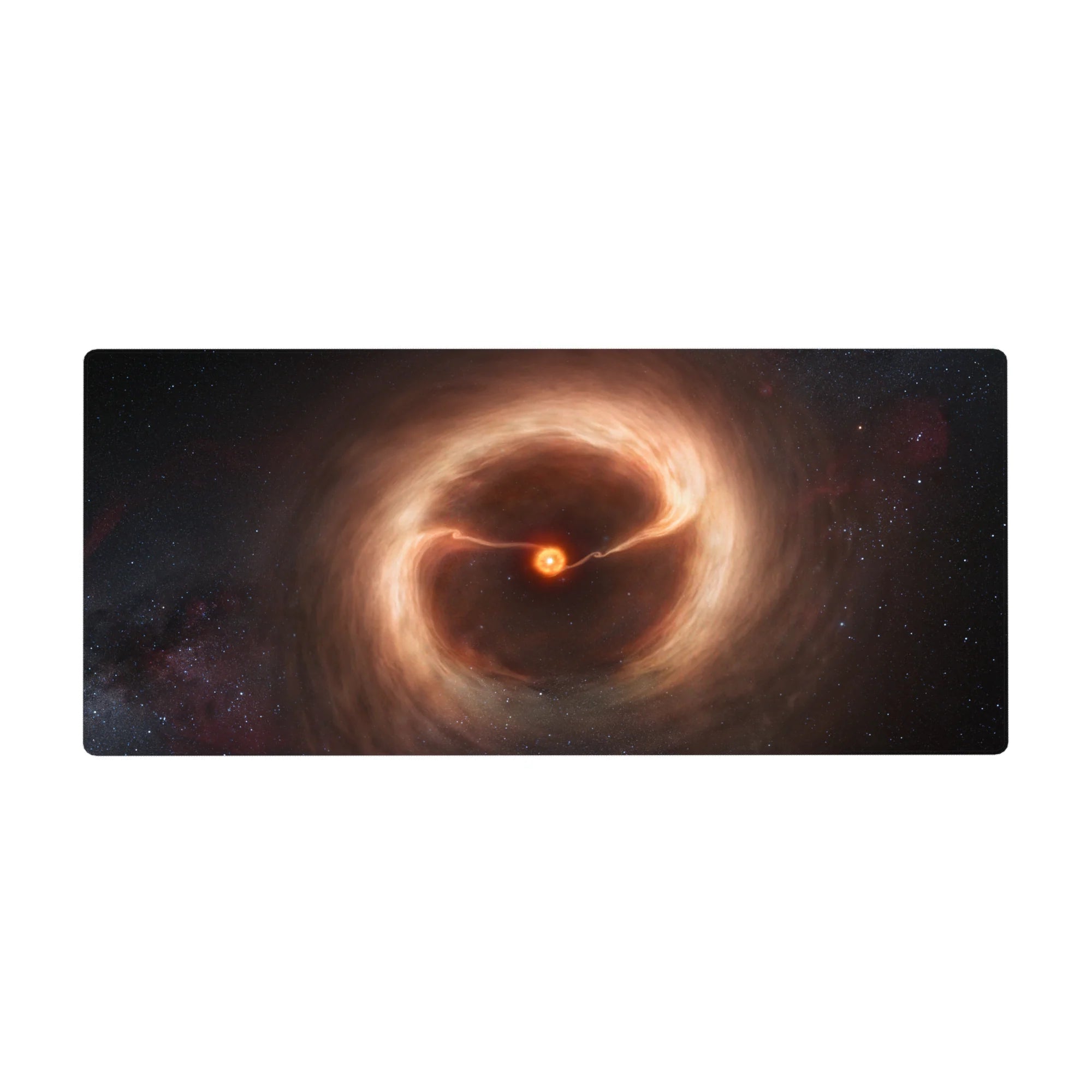 Galaxy swirl desk pad 36x16 inches with smoky amber clouds on a deep inky space background.
