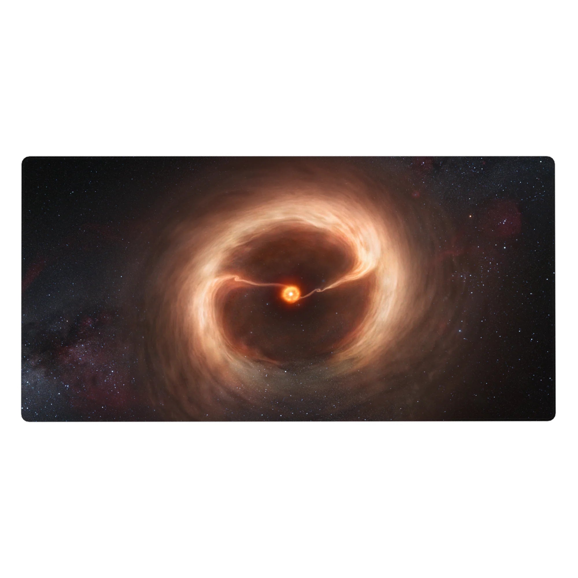 Galaxy swirl desk pad 40x20 inches with smoky amber clouds on a deep inky space background.