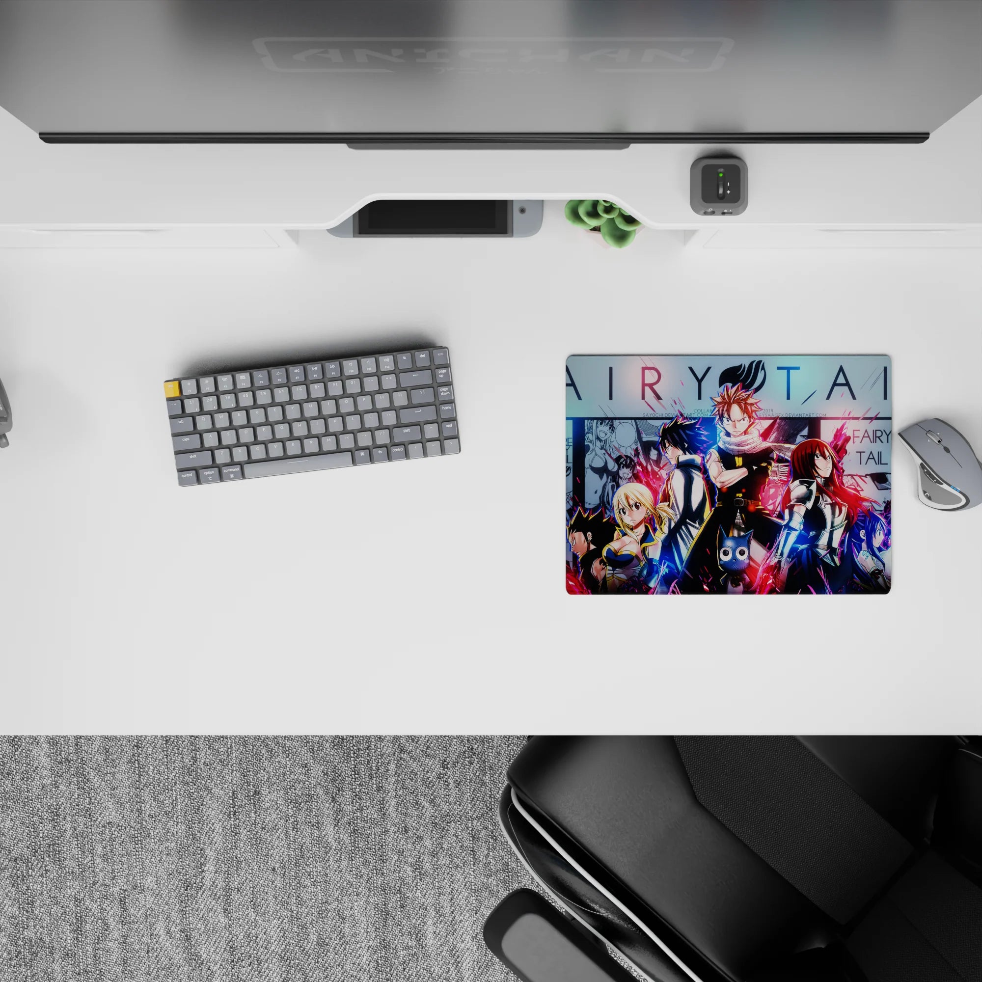 Classic anime mouse pad 14x10 inches in hot reds and electric blues, gritty friendship vibe with neon glow.
