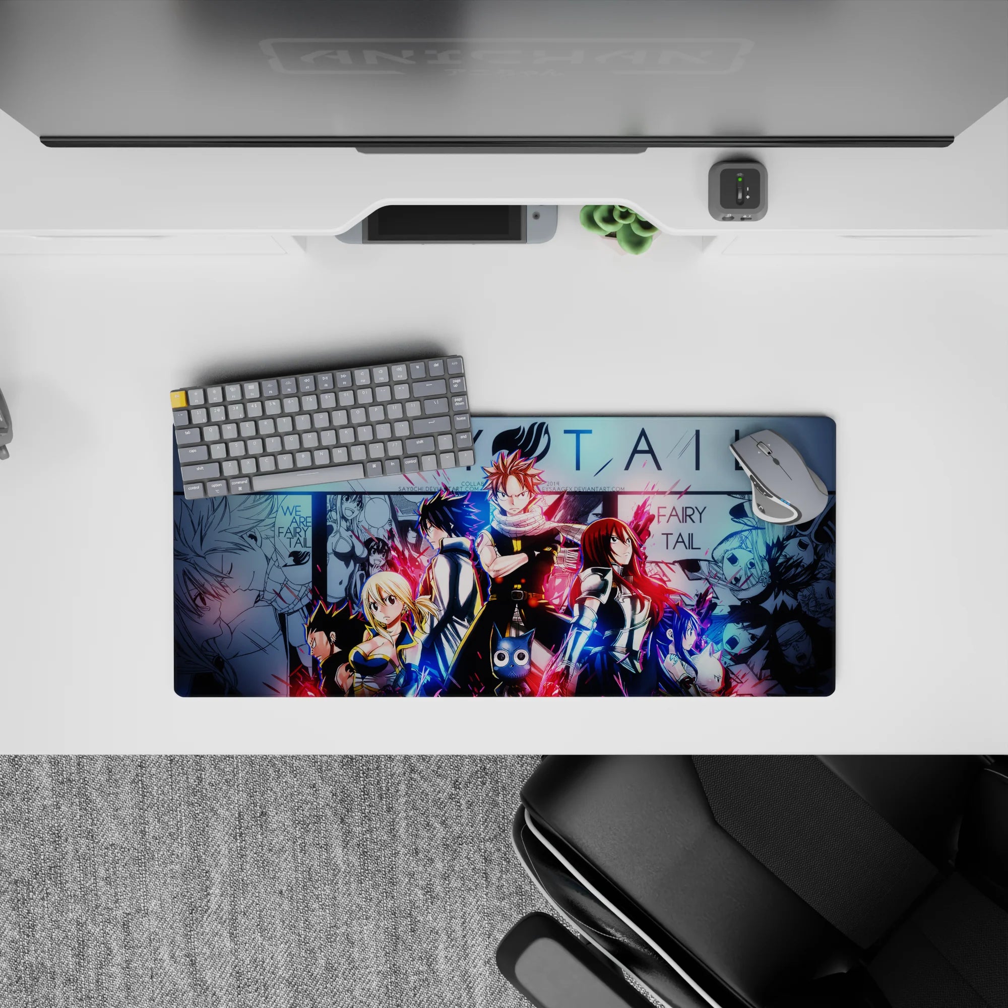 Bold red and electric blue neon manga-style anime mouse pad 28x12 inches, gritty friendship energy.