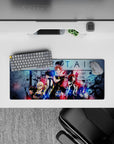 Bold red and electric blue neon manga-style anime mouse pad 28x12 inches, gritty friendship energy.