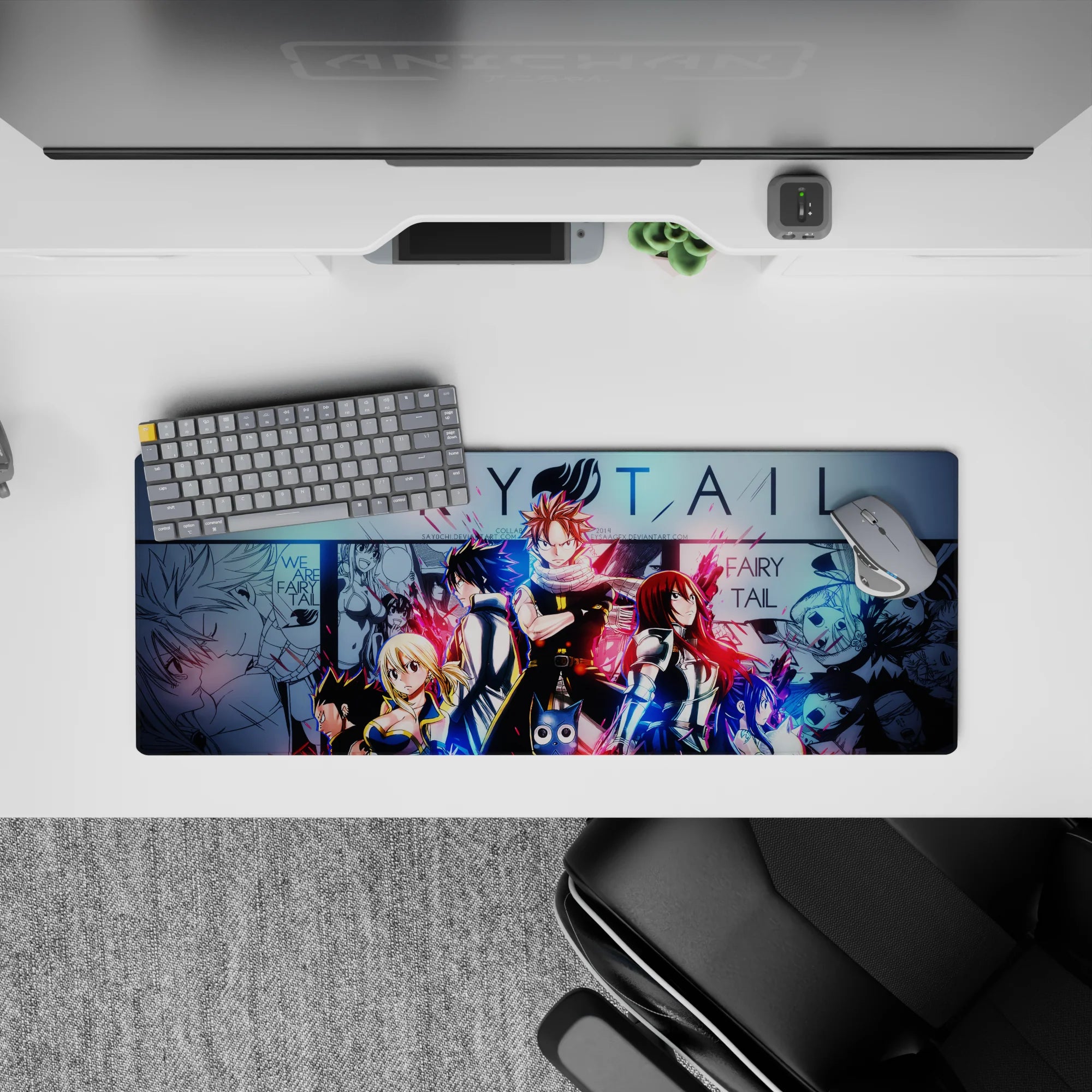 Neon red and electric blue Fairy Tail anime mouse pad 32x12 inches with bold action vibe and speed lines.