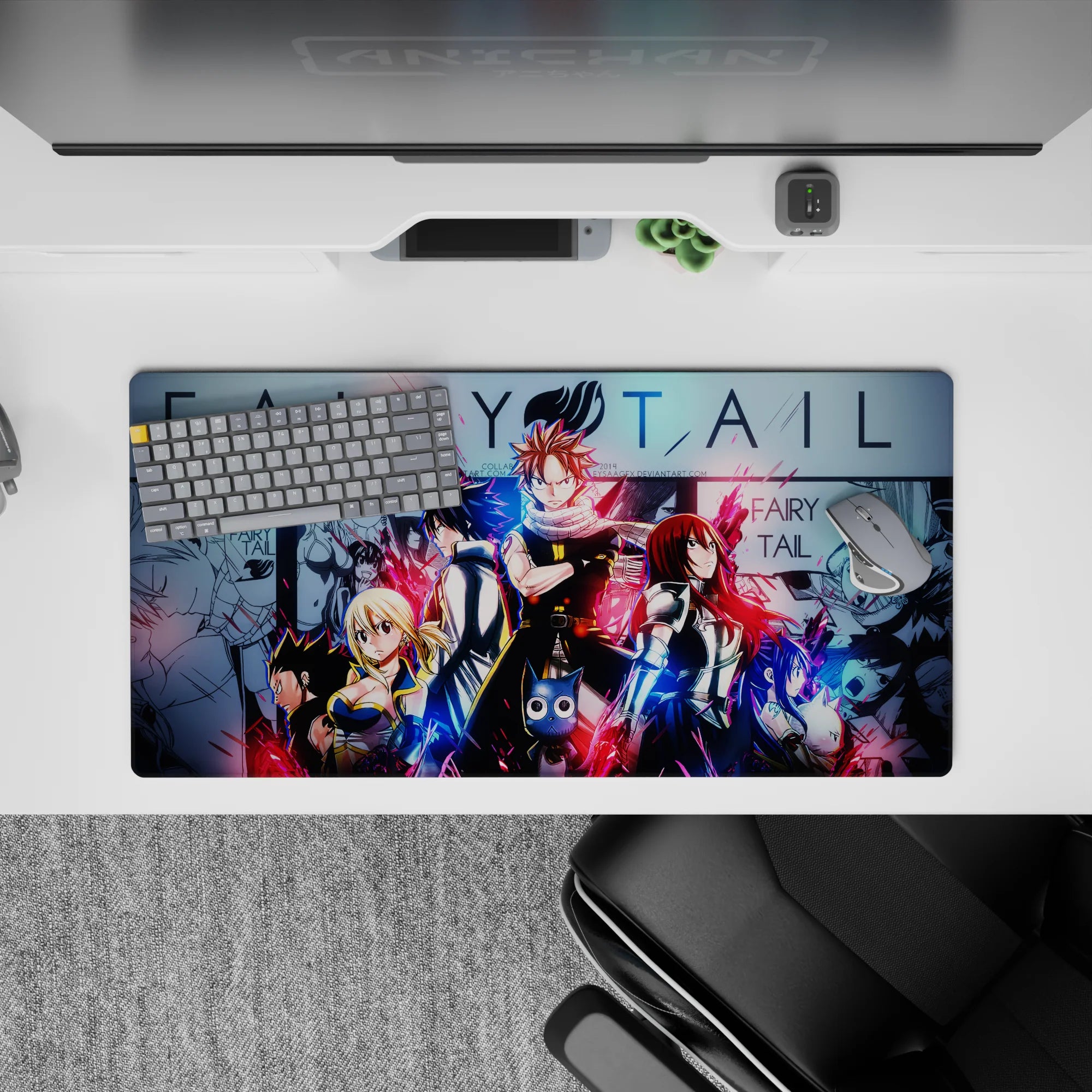 Neon red and electric blue Fairy Tail anime mouse pad 32x16 inches with gritty friendship energy.