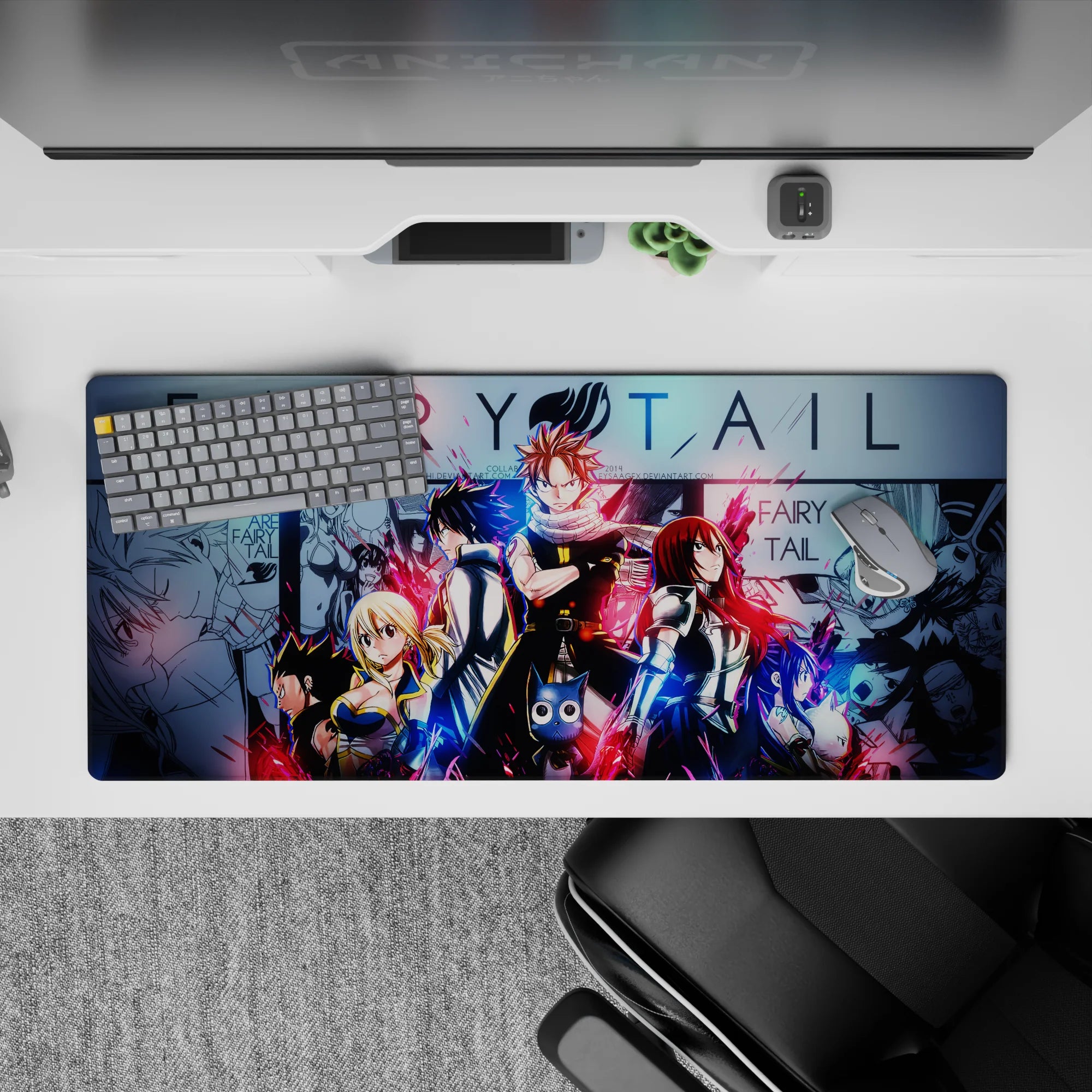 Neon red and electric blue Fairy Tail anime desk pad 36x16 inches with bold, gritty friendship vibe.