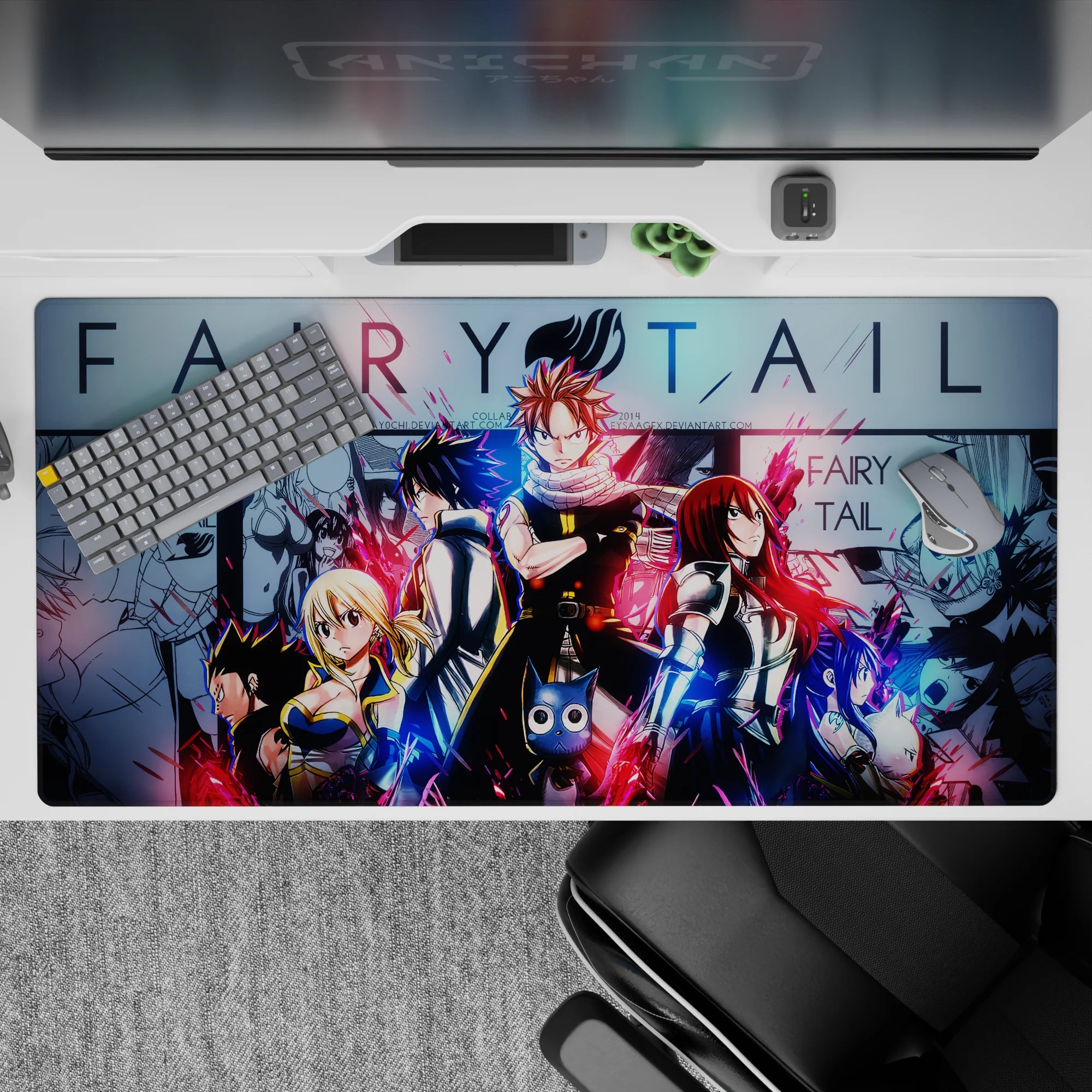 Neon red and electric blue Fairy Tail anime desk pad 40x20 inches with bold grit and friendship vibe.