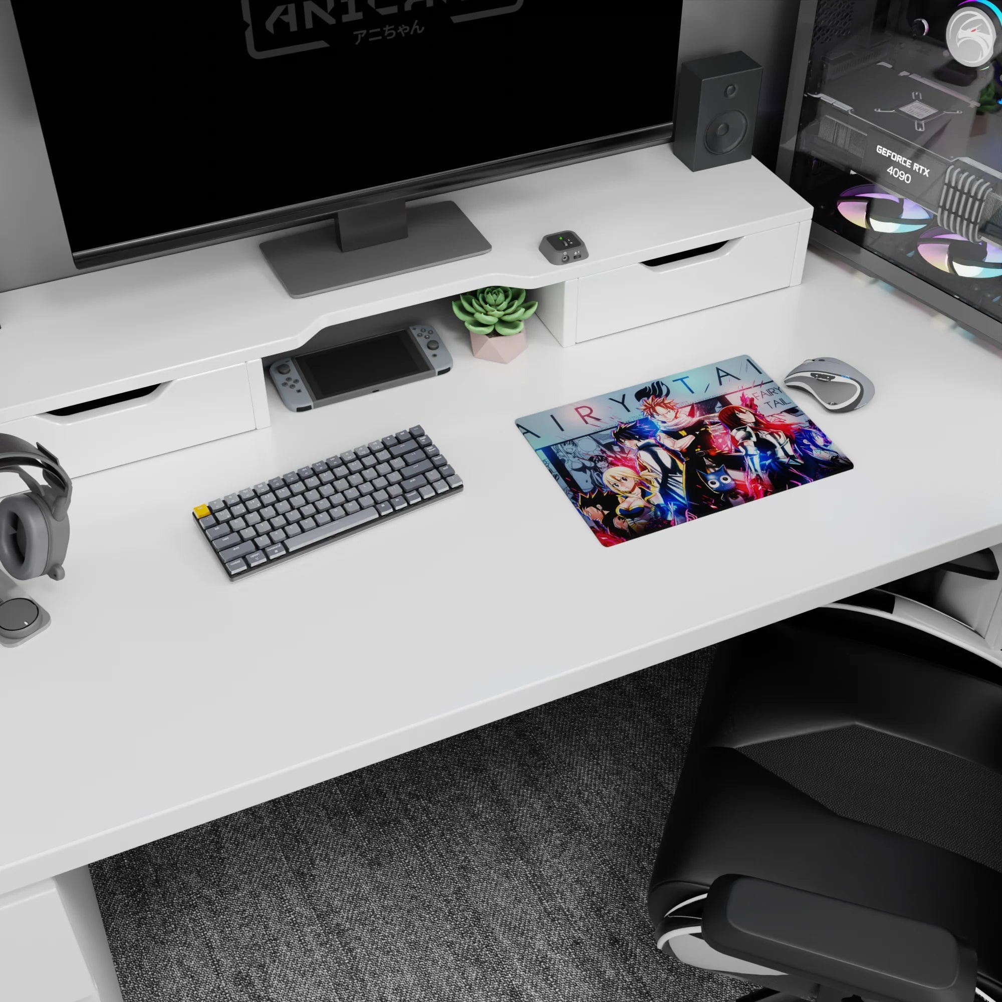 Natsu in front with fierce scarf on a classic anime mouse pad 14x10 inches, Lucy and Gray beside him.