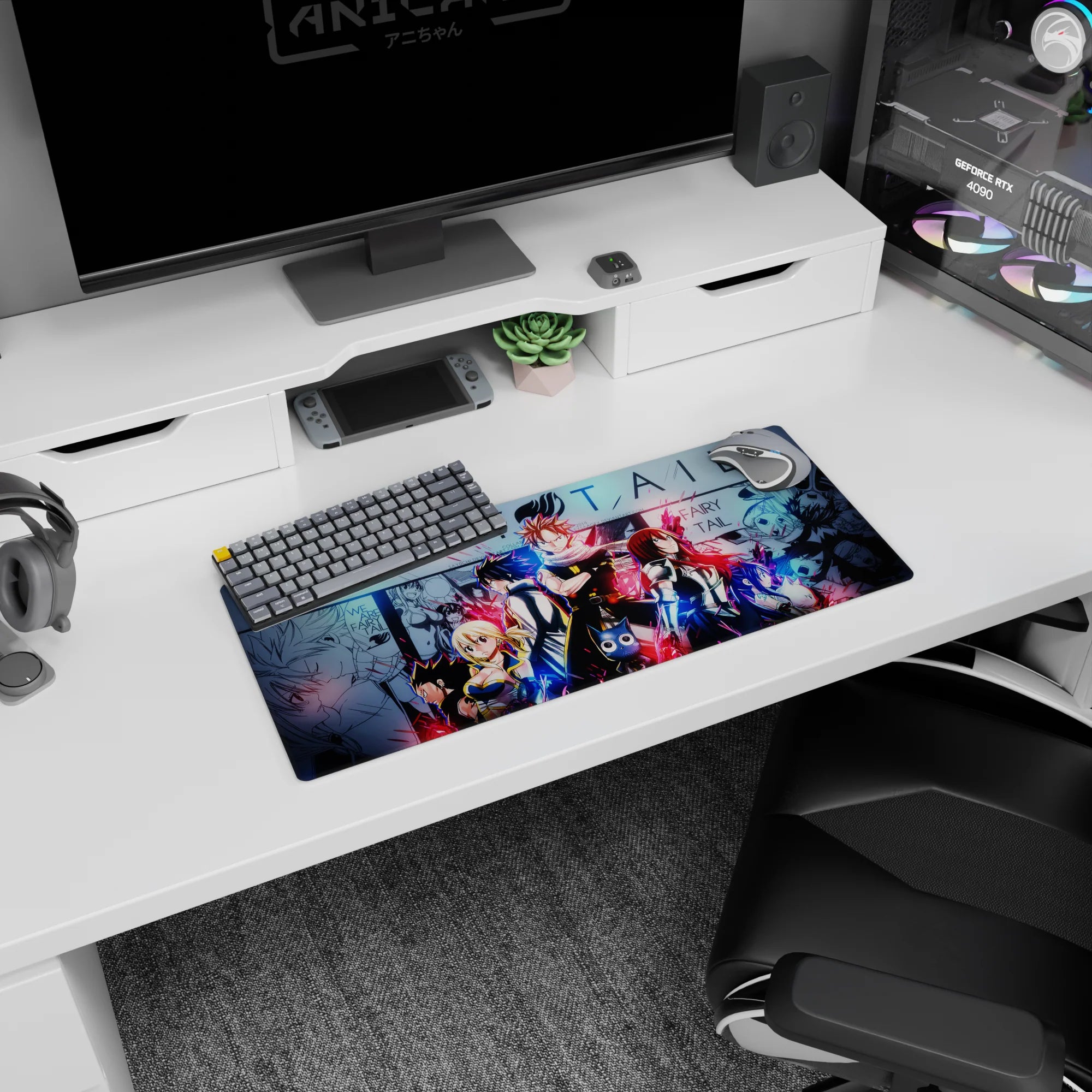 Natsu centered with scarf, Lucy and Gray beside him, Erza armor glowing on anime mouse pad 28x12 inches.