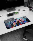 Natsu centered with scarf, Lucy and Gray beside him, Erza armor glowing on anime mouse pad 28x12 inches.