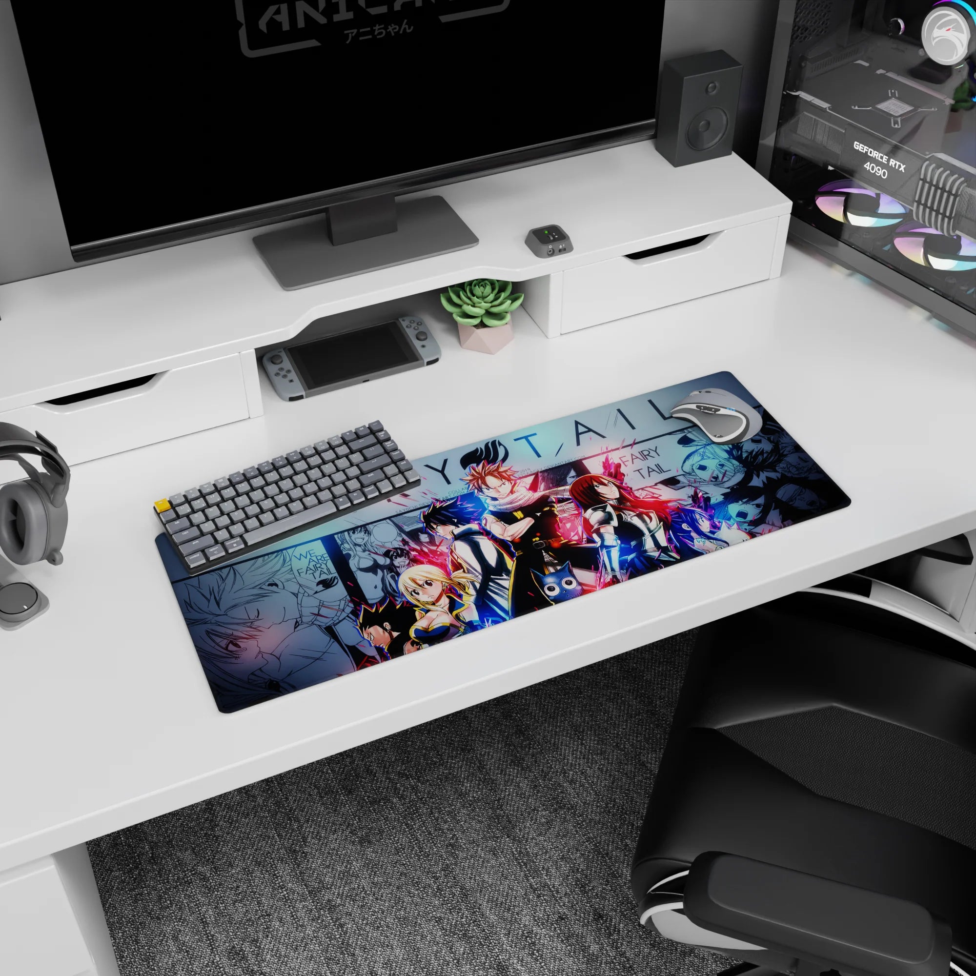 Natsu front and center with scarf on Fairy Tail anime mouse pad 32x12 inches, Lucy and Gray beside him.
