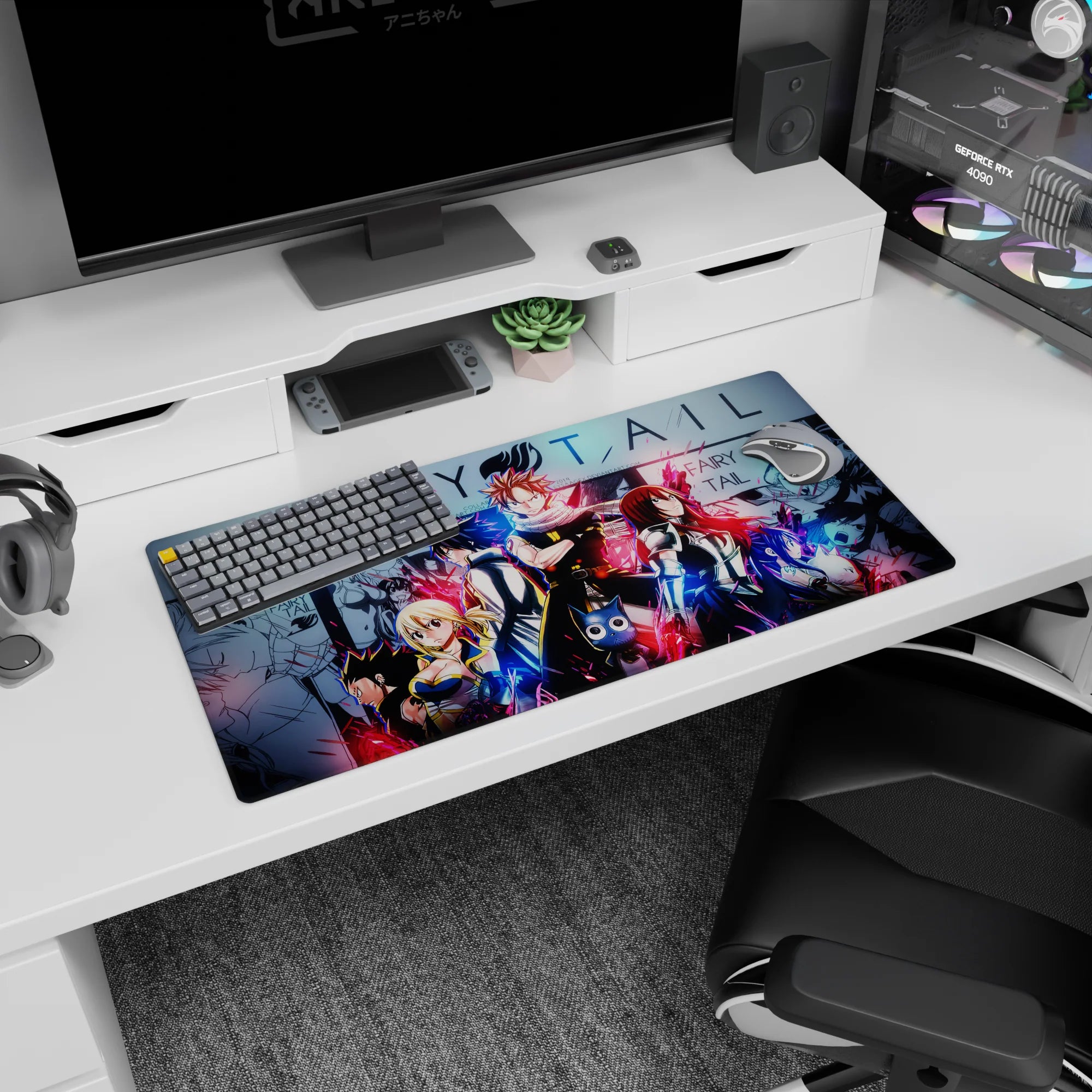 Natsu in his scarf front and center on a Fairy Tail anime mouse pad 32x16 inches with Lucy and Gray.