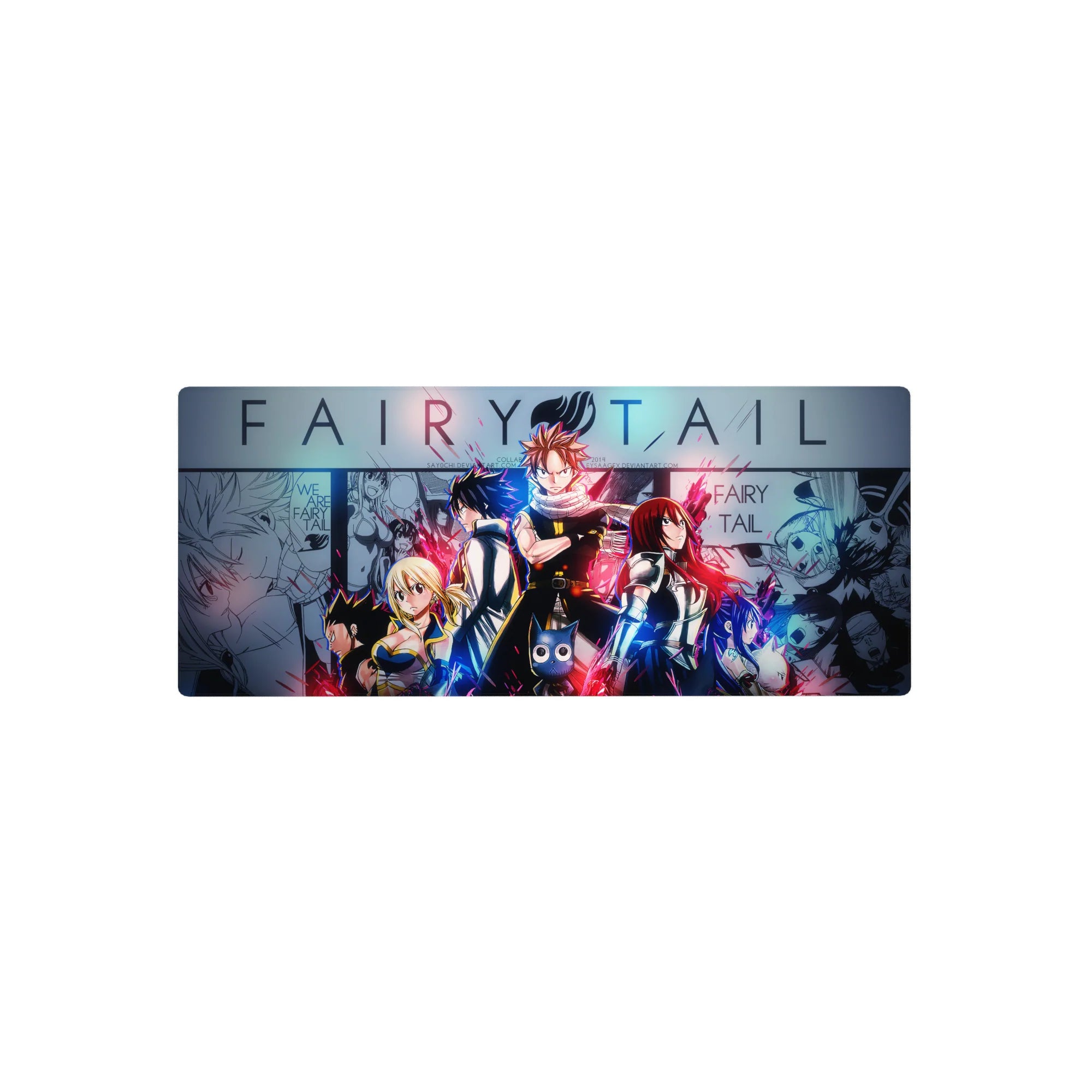 Fairy Tail anime mouse pad 28x12 inches with Natsu, Lucy, Gray, and Erza in neon manga panel art.