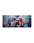 Fairy Tail anime mouse pad 28x12 inches with Natsu, Lucy, Gray, and Erza in neon manga panel art.