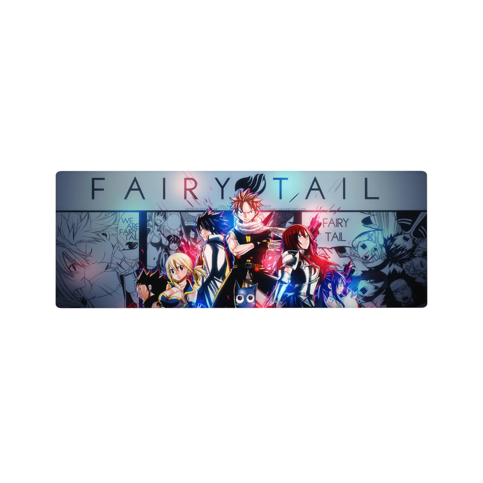 Fairy Tail anime mouse pad 32x12 inches with Natsu, Lucy, Gray and Erza over manga panel background.