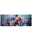 Fairy Tail anime mouse pad 32x12 inches with Natsu, Lucy, Gray and Erza over manga panel background.