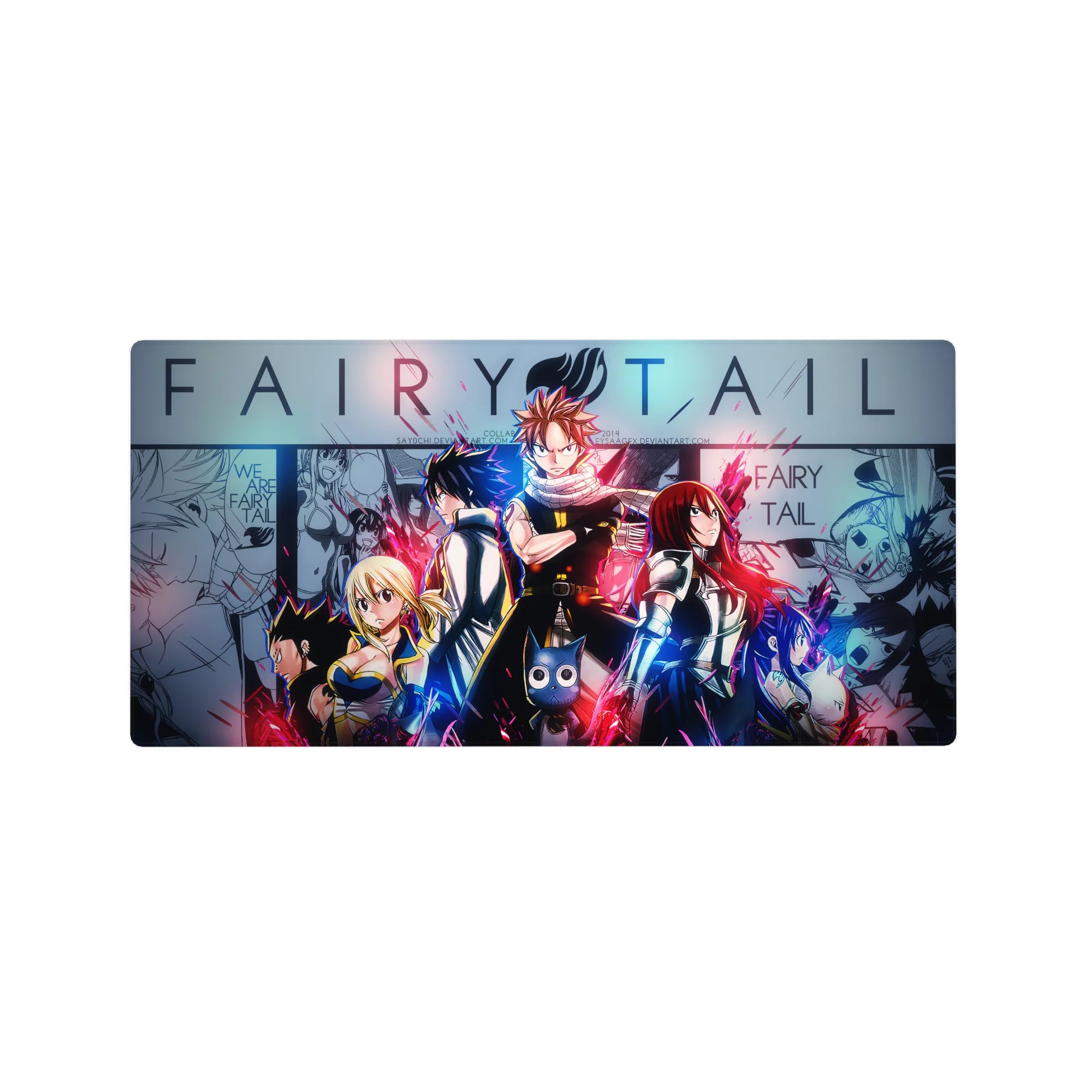 Fairy Tail anime mouse pad 32x16 inches with Natsu, Lucy, Gray, and Erza over manga panel backdrop.
