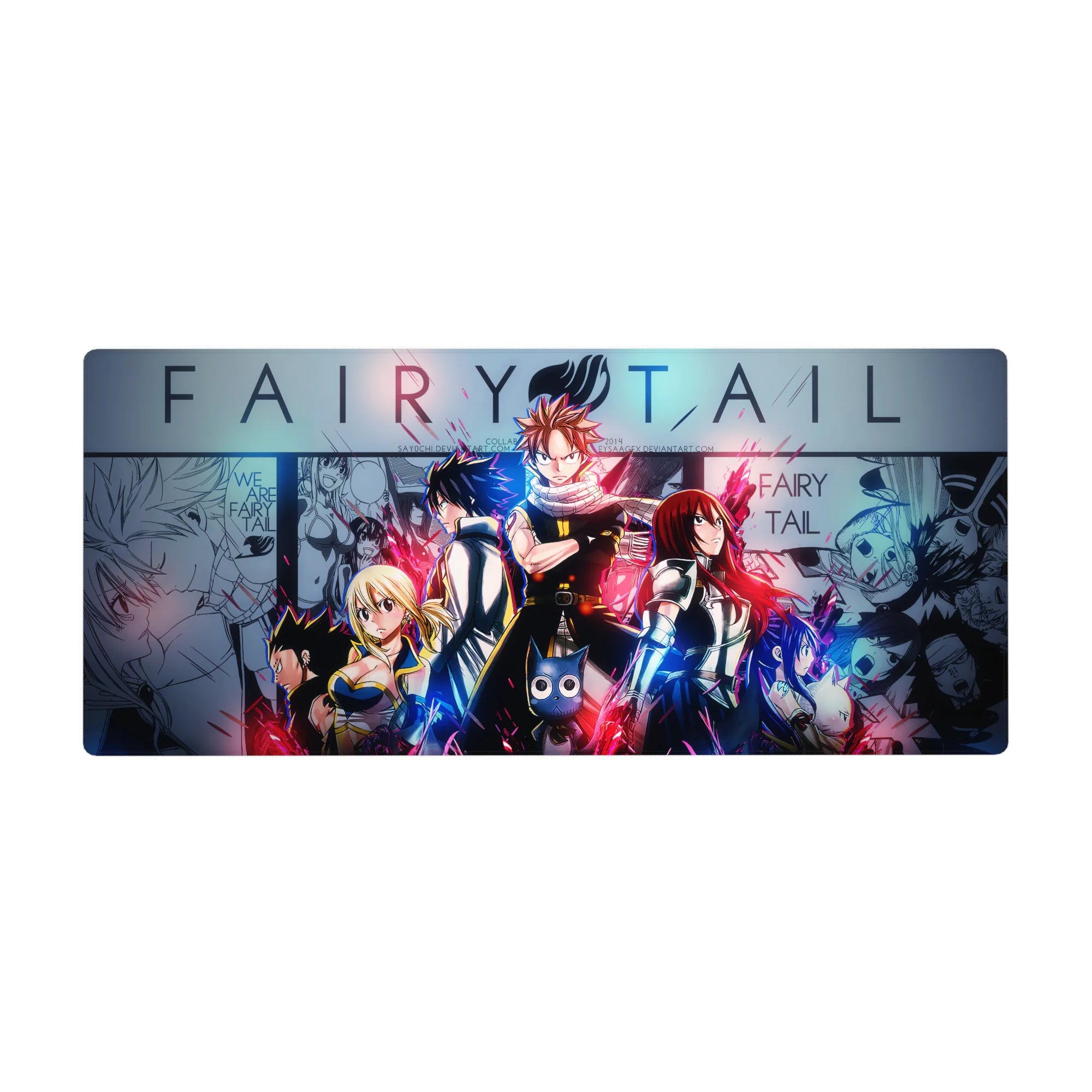 Fairy Tail anime desk pad 36x16 inches with Natsu, Lucy, Gray, and Erza over manga panel backdrop.