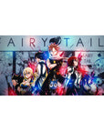 Fairy Tail anime desk pad 40x20 inches with Natsu, Lucy, Gray, and Erza over manga panel backdrop.